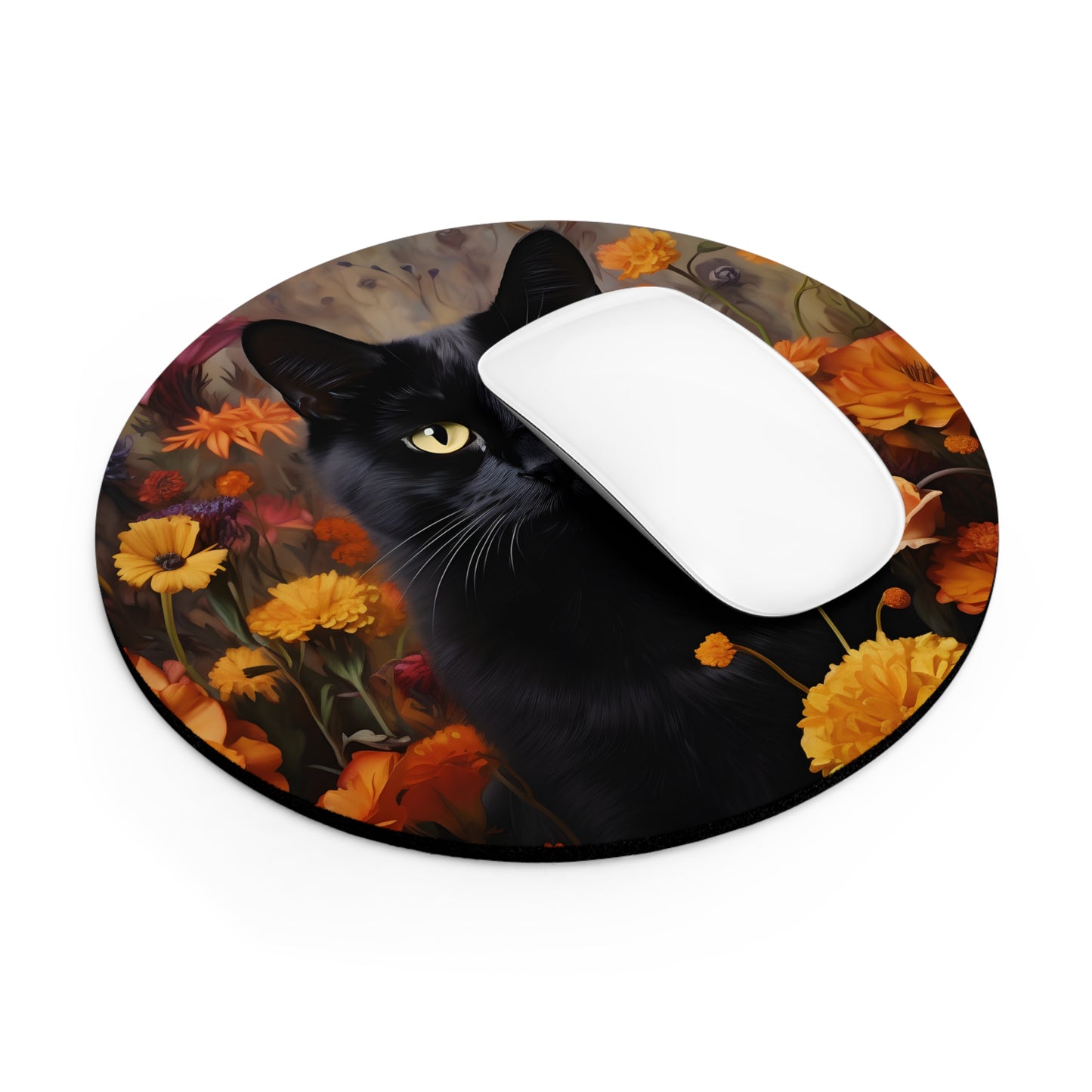 Black Cat in Orange Flowers Mouse Pad – Round 8”