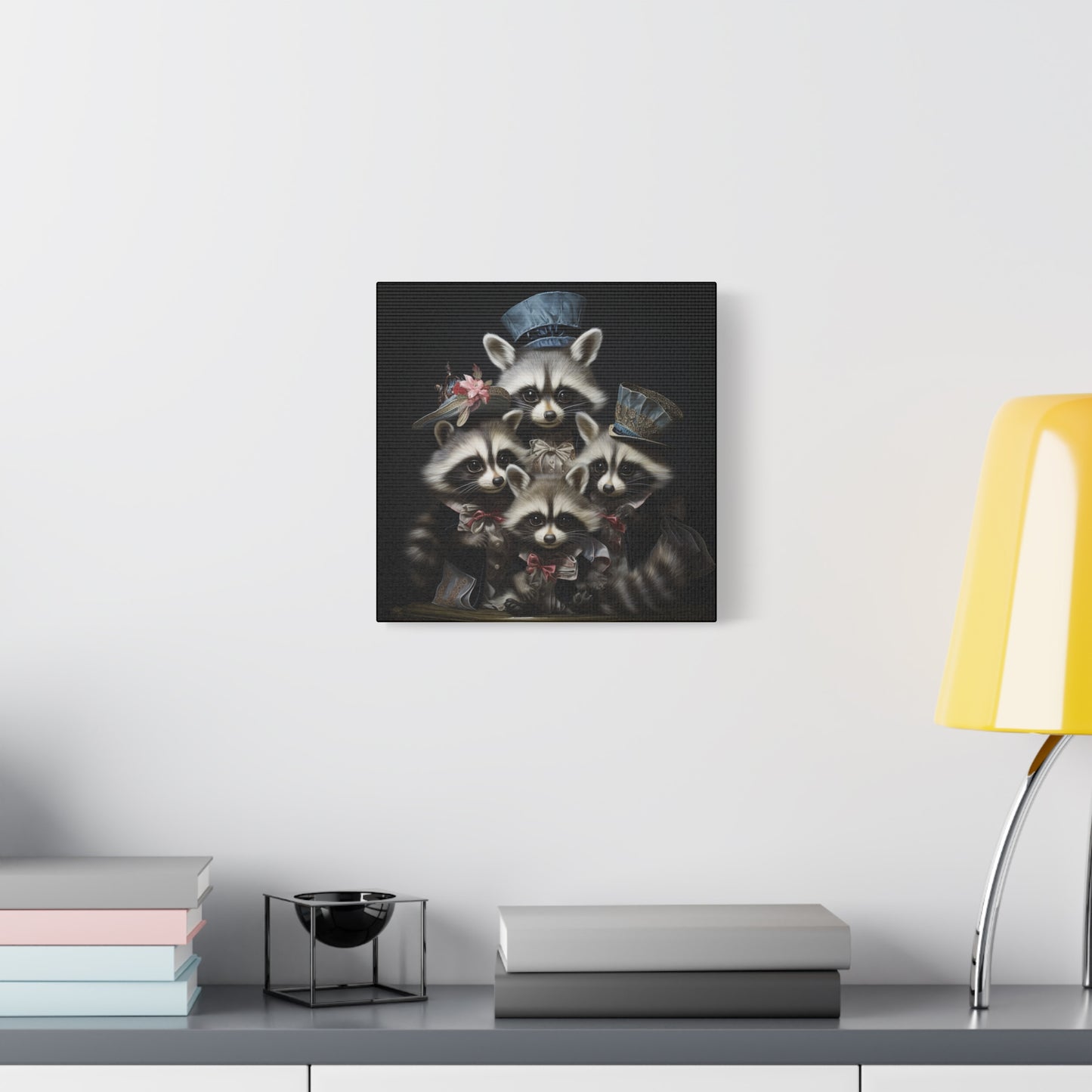 Raccoon Family in Blue Hats Wall Canvas