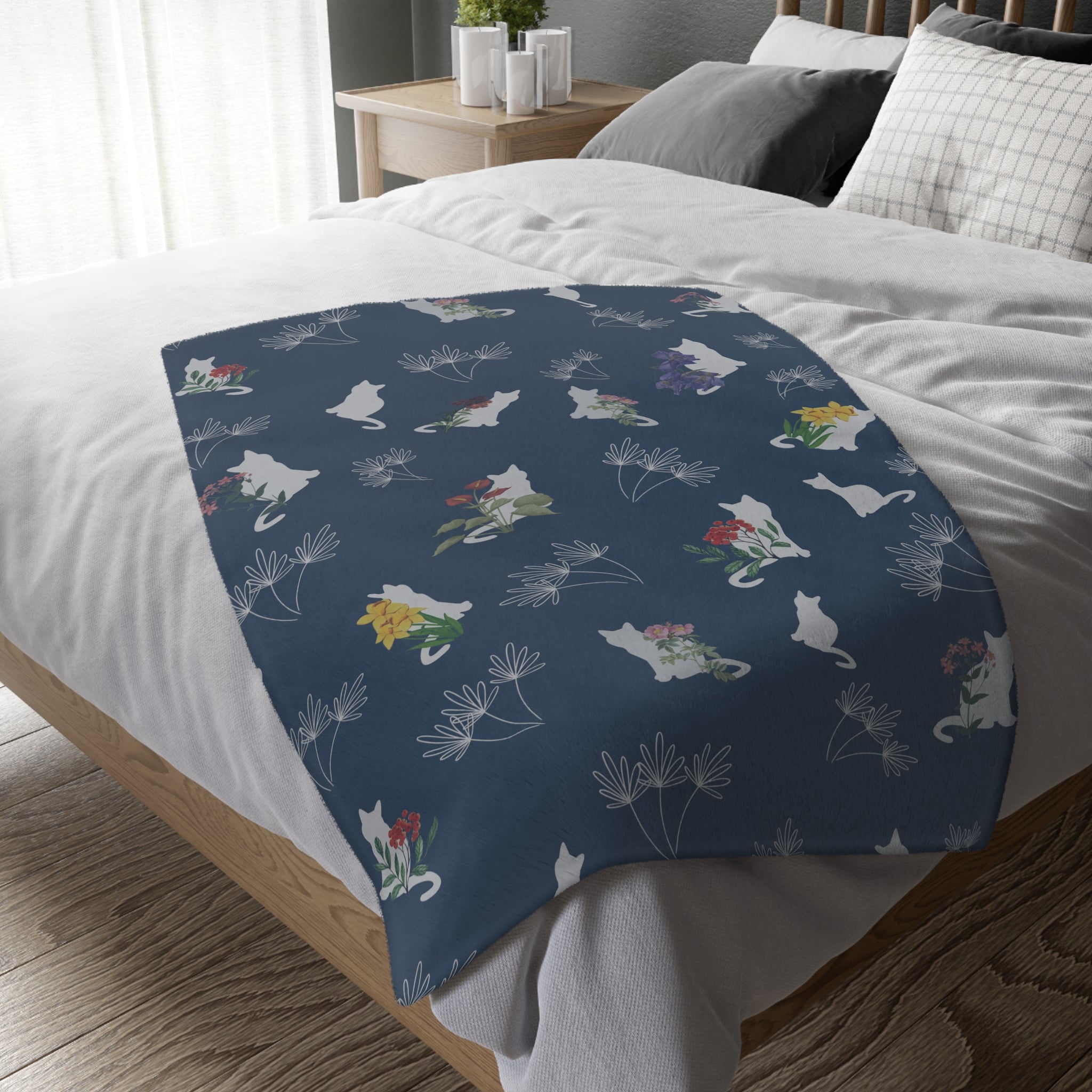 Cats and Flowers/Leafy Whimsy Blanket - Blue