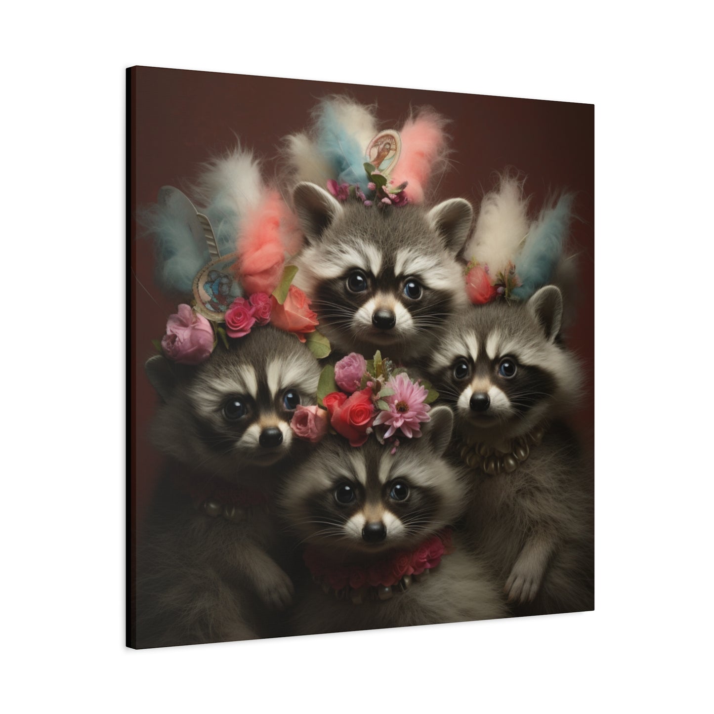 Raccoon Family with Colorful Plumes Wall Canvas