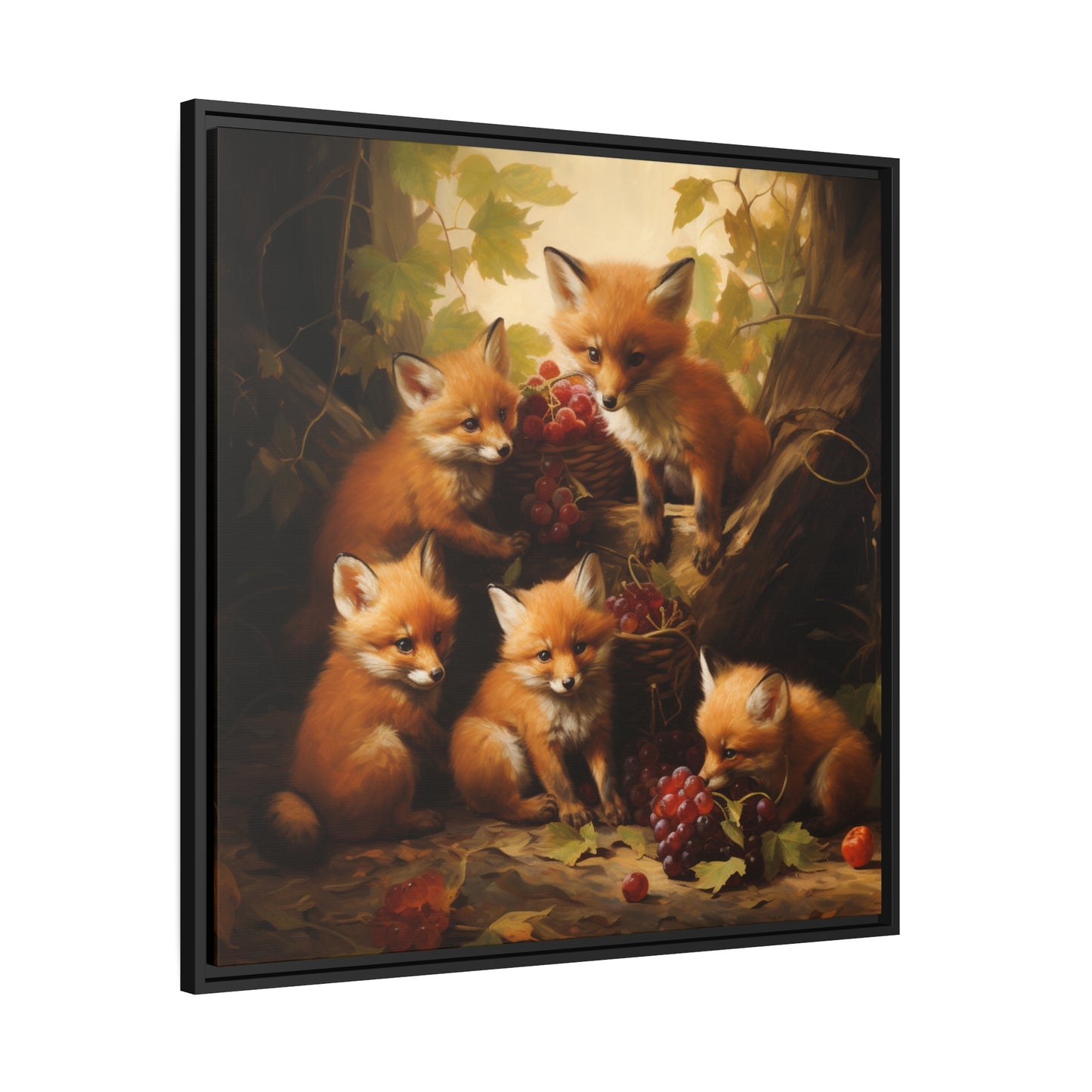 Fox Family with Red Grapes Framed Wall Canvas