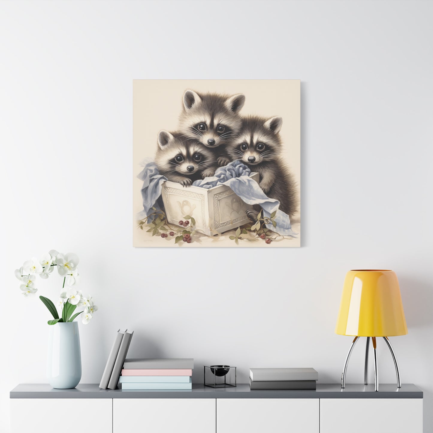 Raccoon Family with Blue Blanket Wall Canvas