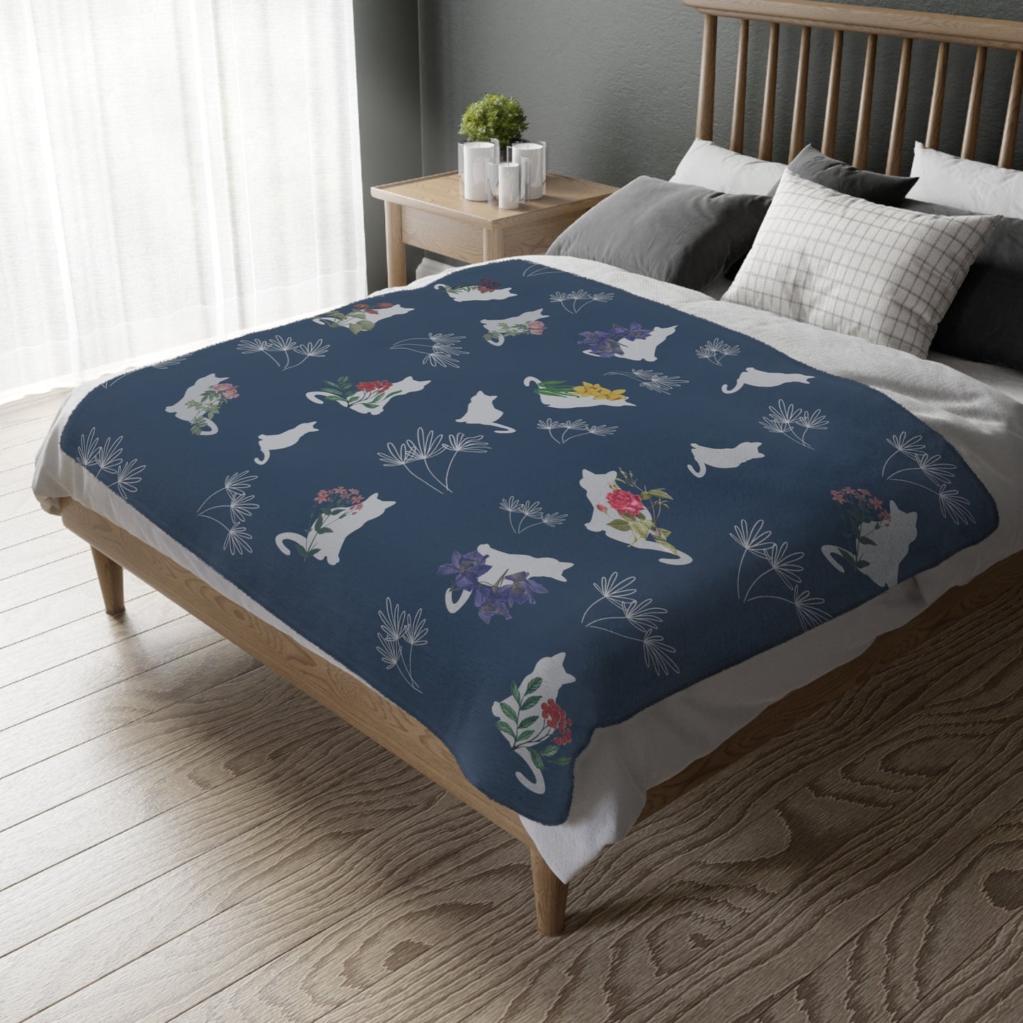 Cats and Flowers/Leafy Whimsy Blanket - Blue