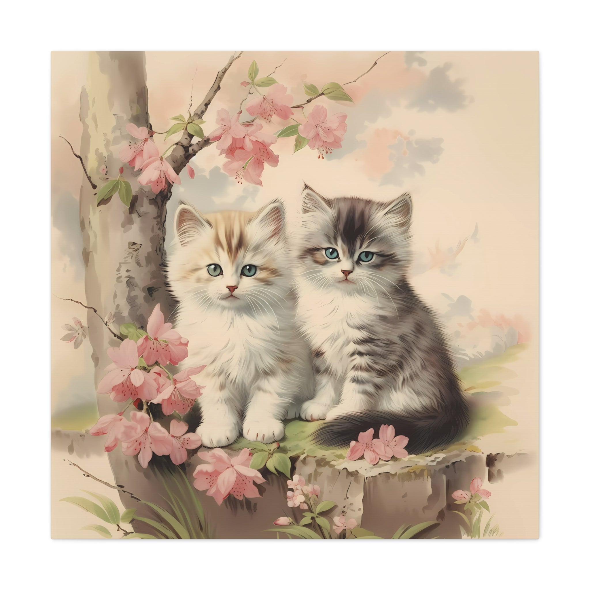 Kittens Under Pink Flowering Tree Wall Canvas