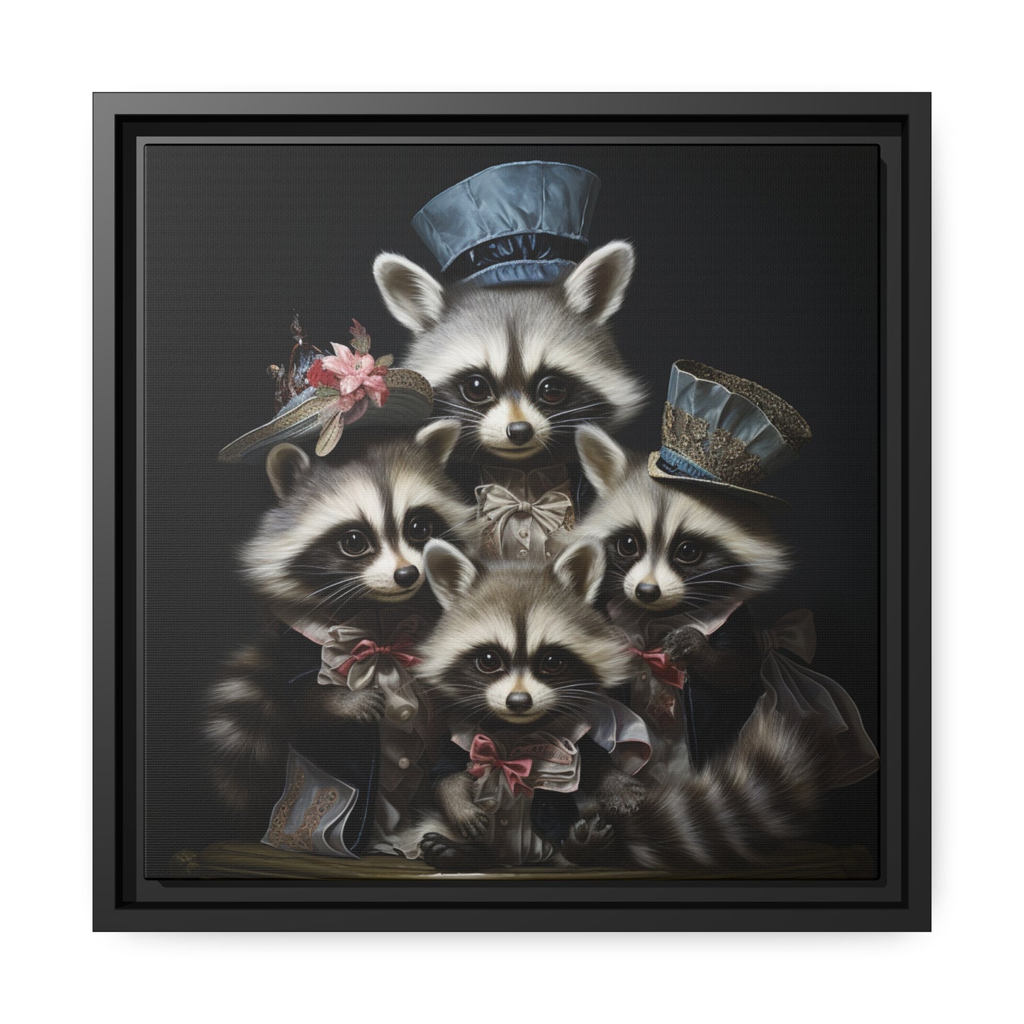 Raccoon Family in Blue Hats Framed Wall Canvas