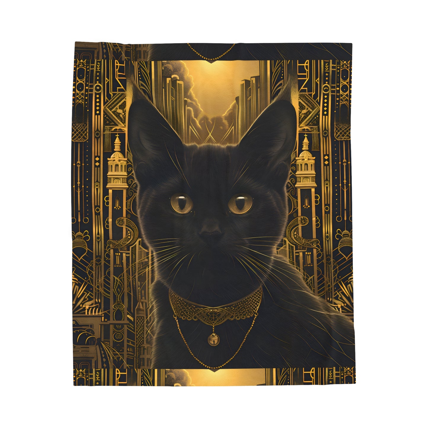 Black Cat with Golden Bell Art Deco - Velveteen Blanket