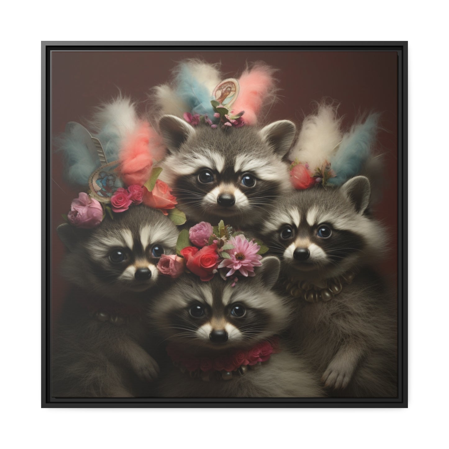 Raccoon Family with Colorful Plumes Framed Wall Canvas