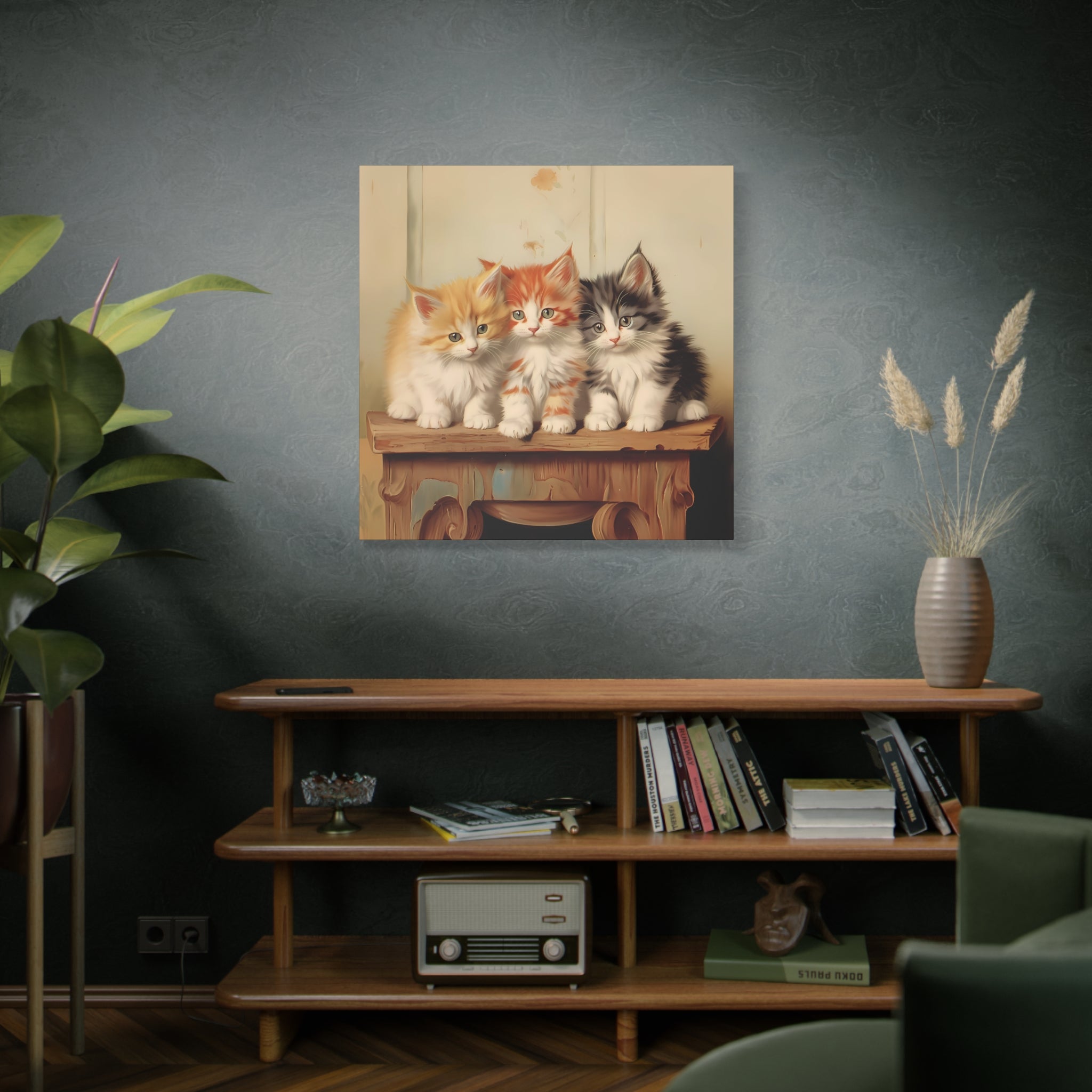 Three Kittens on Painted Table Wall Canvas