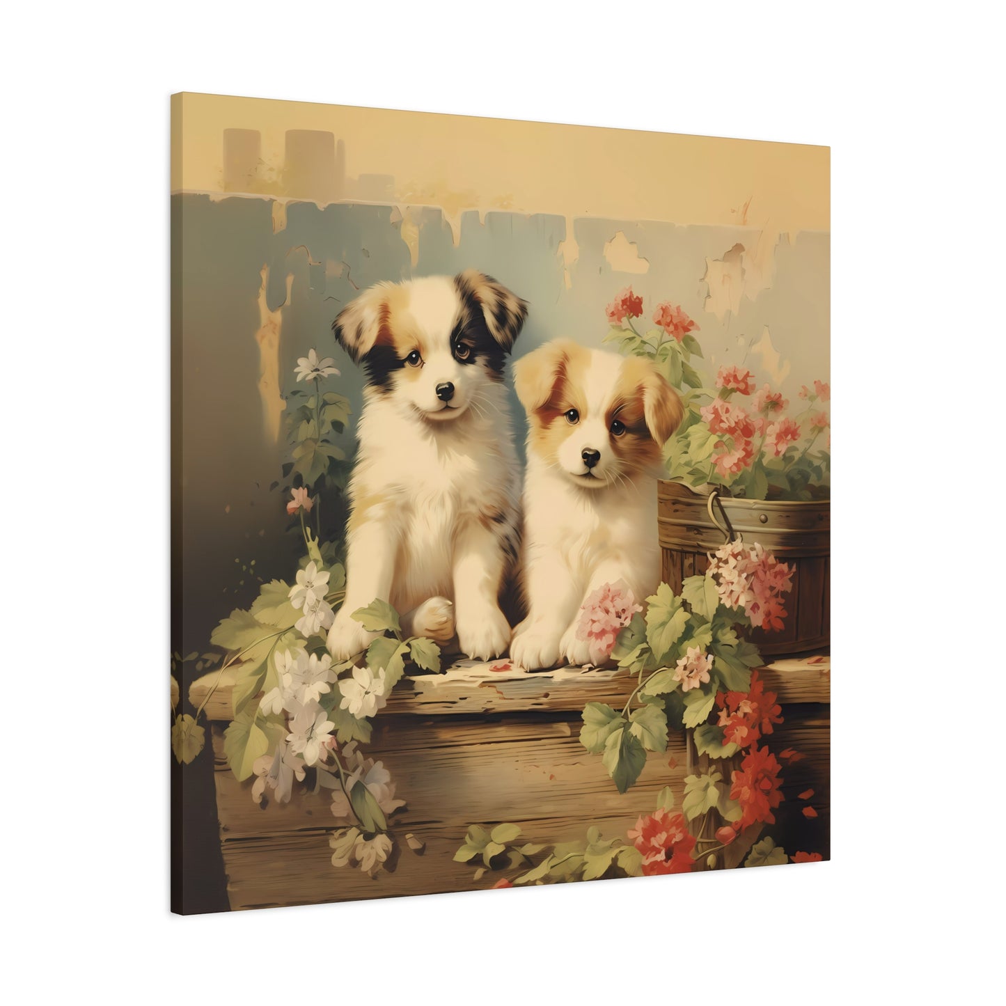 Puppies on Potting Table Wall Canvas