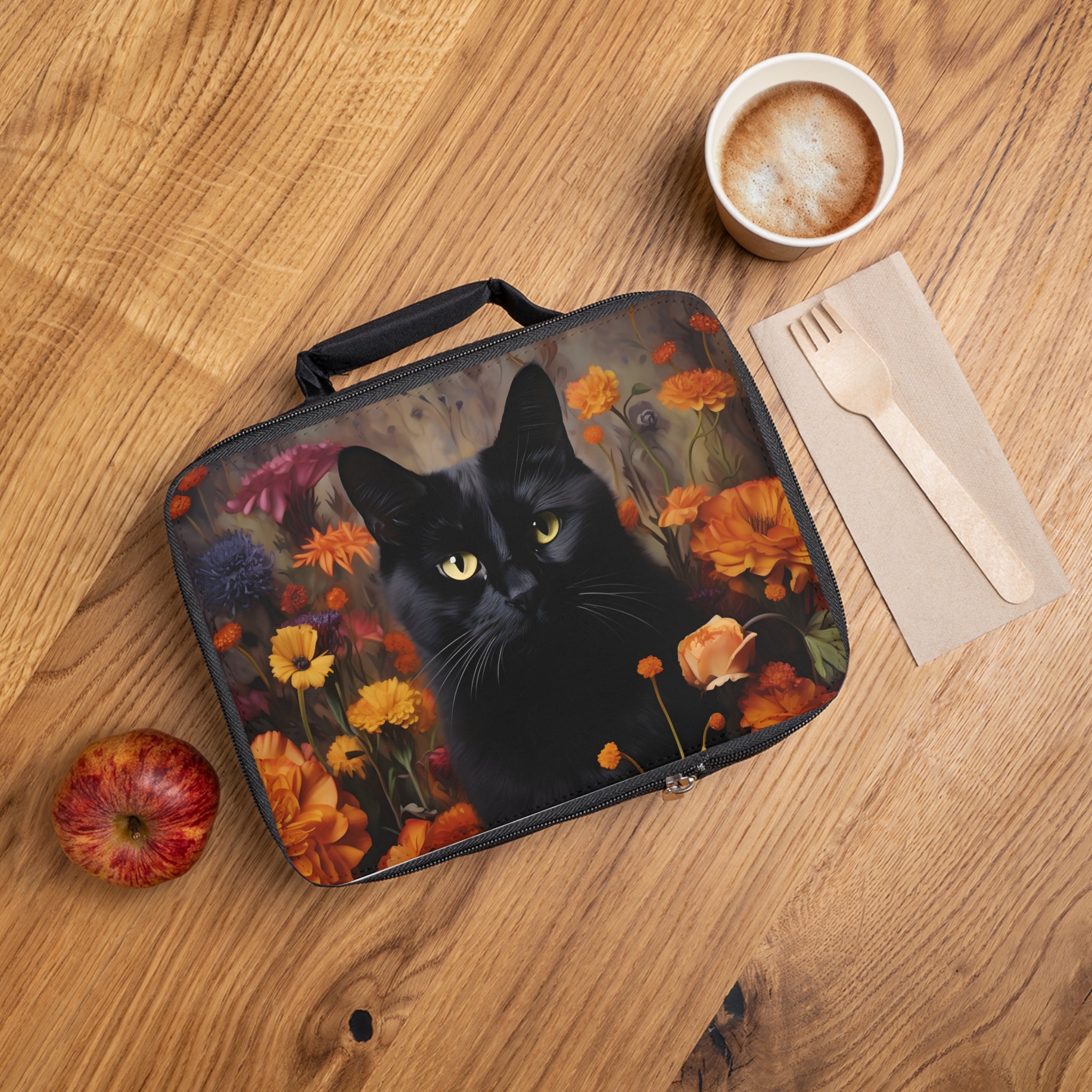 Black Cat in Orange Flowers Lunch Bag