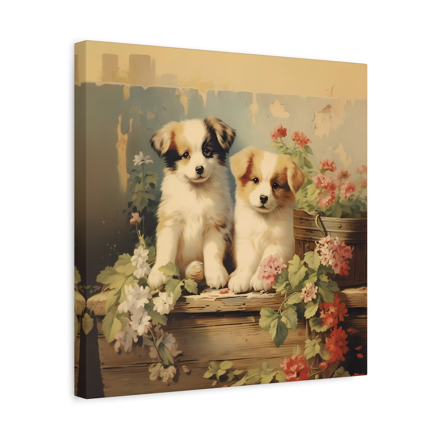 Puppies on Potting Table Wall Canvas