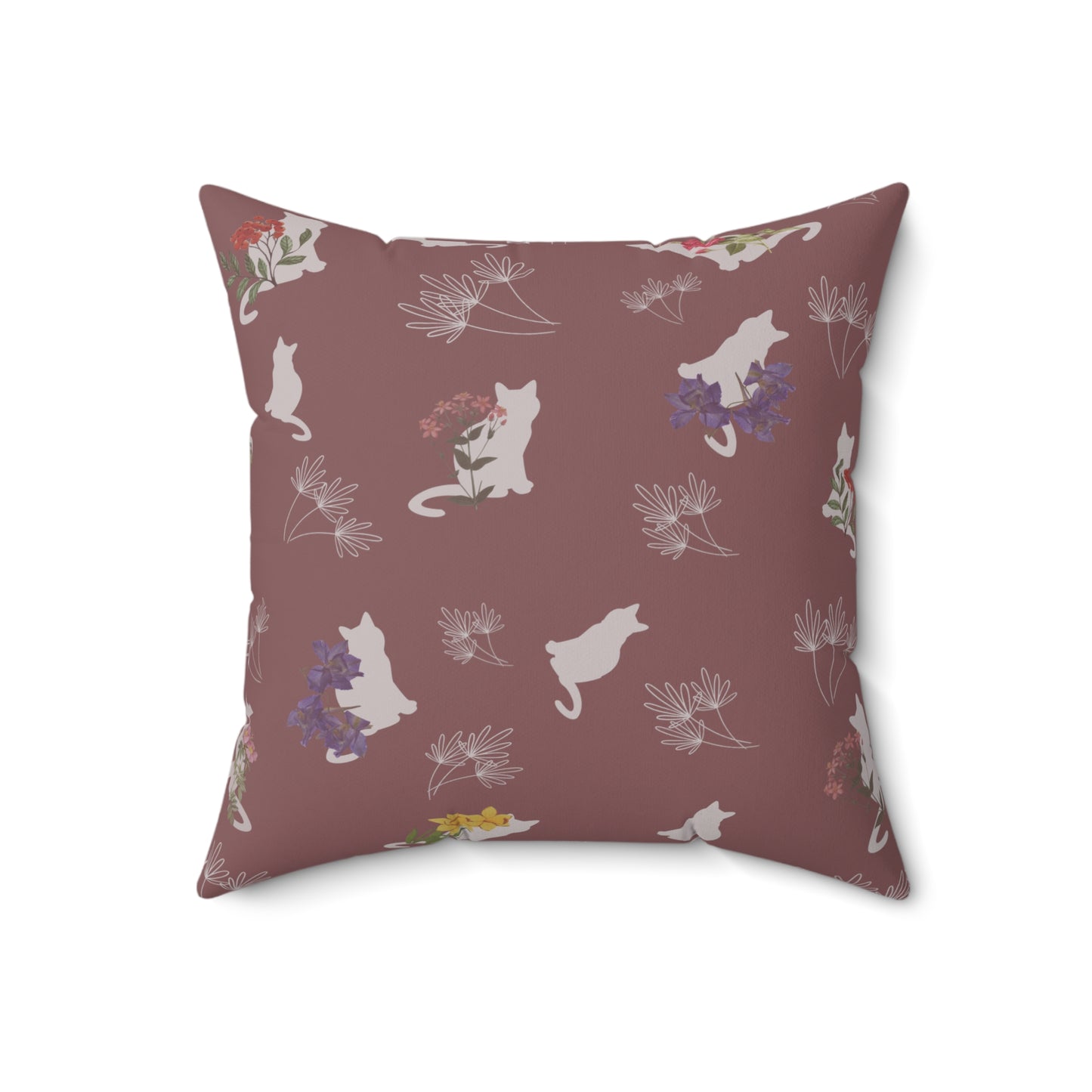 Cat and Flowers/Leafy Whimsy Throw Pillow – Mauve