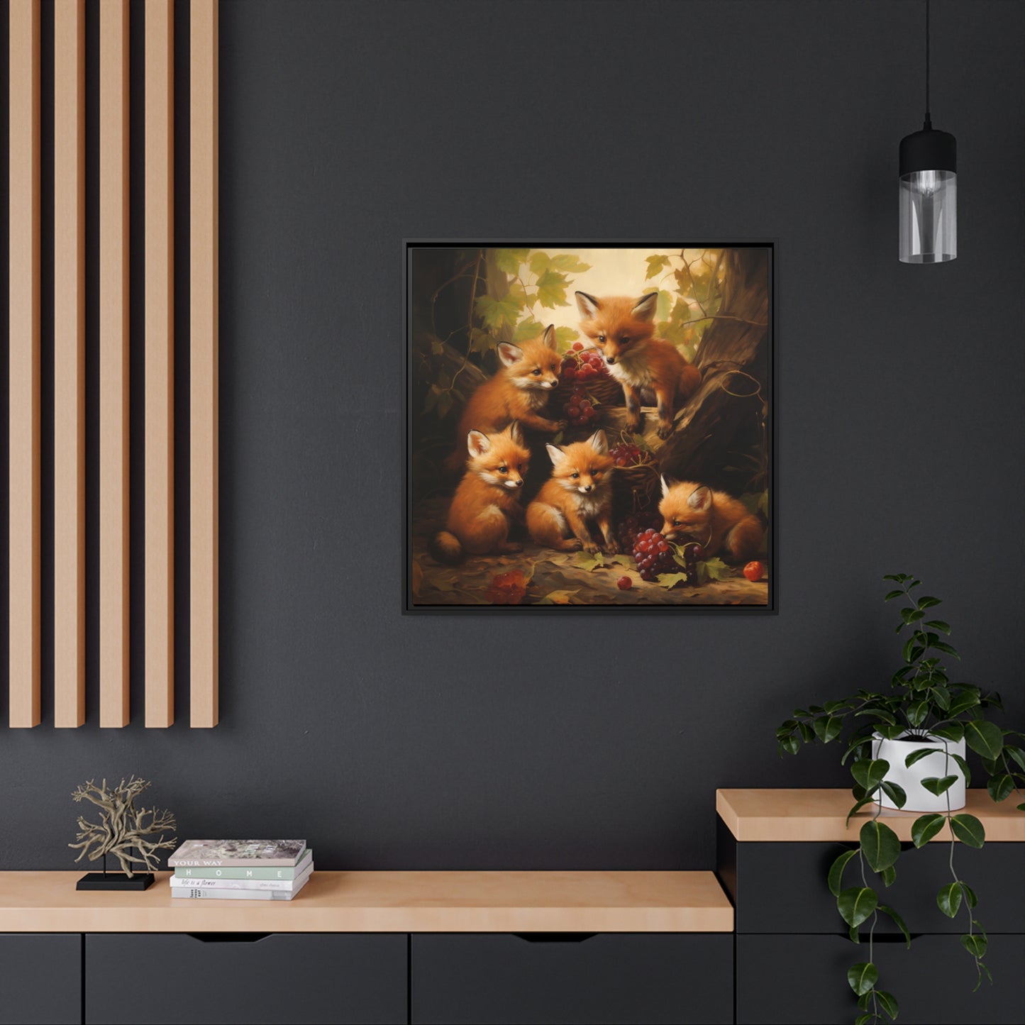 Fox Family with Red Grapes Framed Wall Canvas