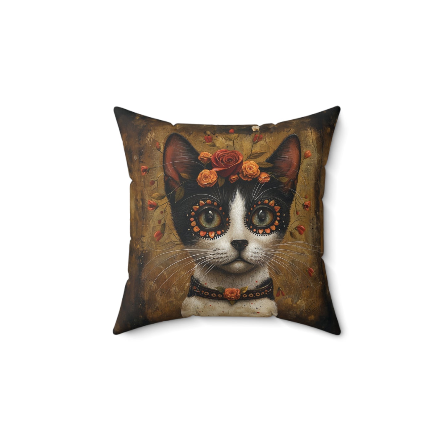 Cat with Red Rose - Day of the Dead - Throw Pillow