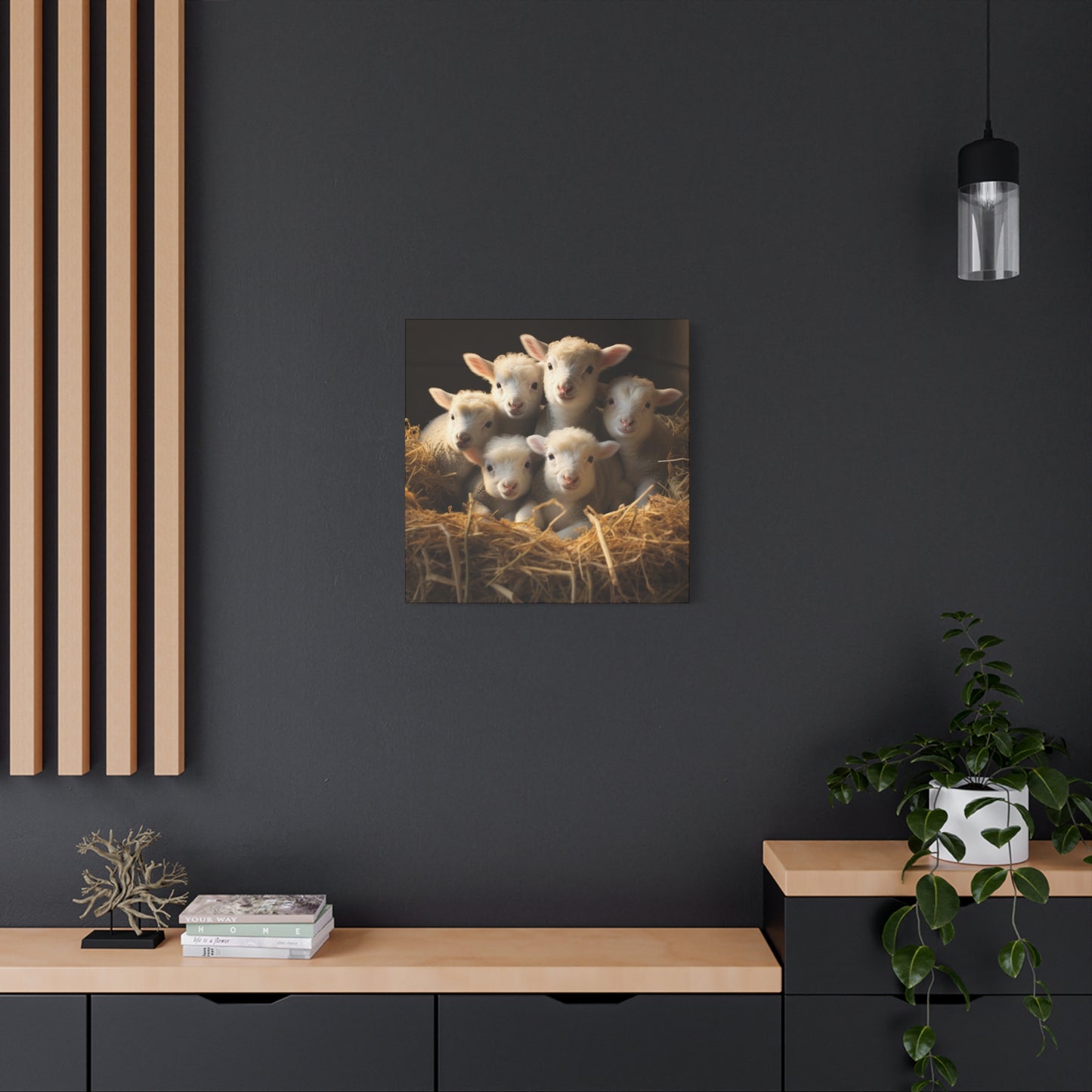 Lamb Family in Straw Wall Canvas