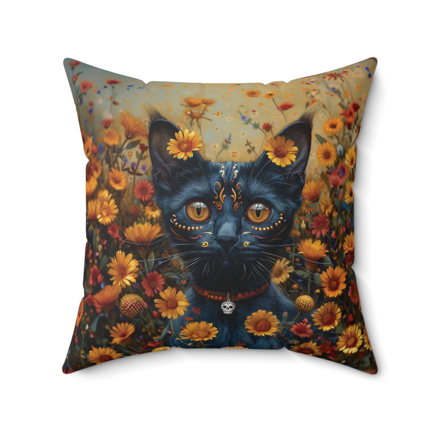 Cat in Yellow Daisies - Day of the Dead - Throw Pillow