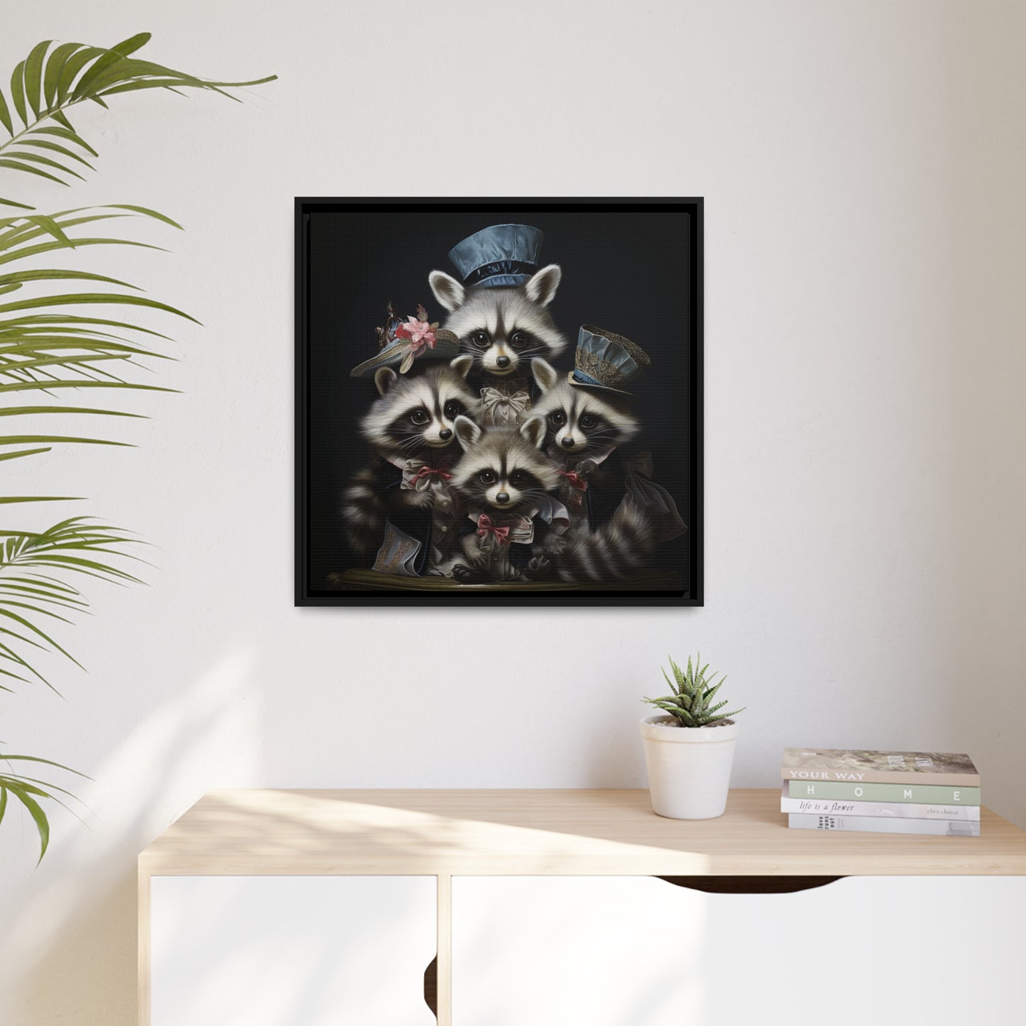 Raccoon Family in Blue Hats Framed Wall Canvas