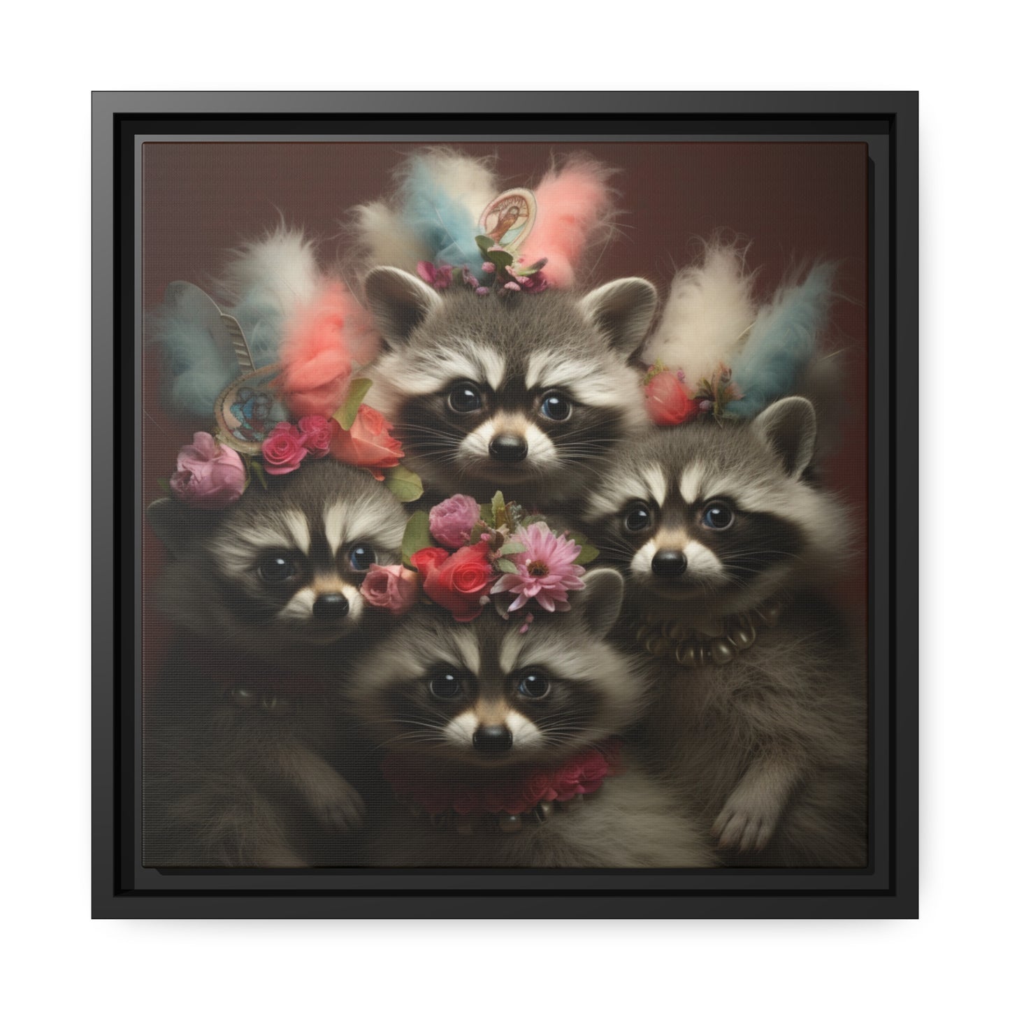 Raccoon Family with Colorful Plumes Framed Wall Canvas