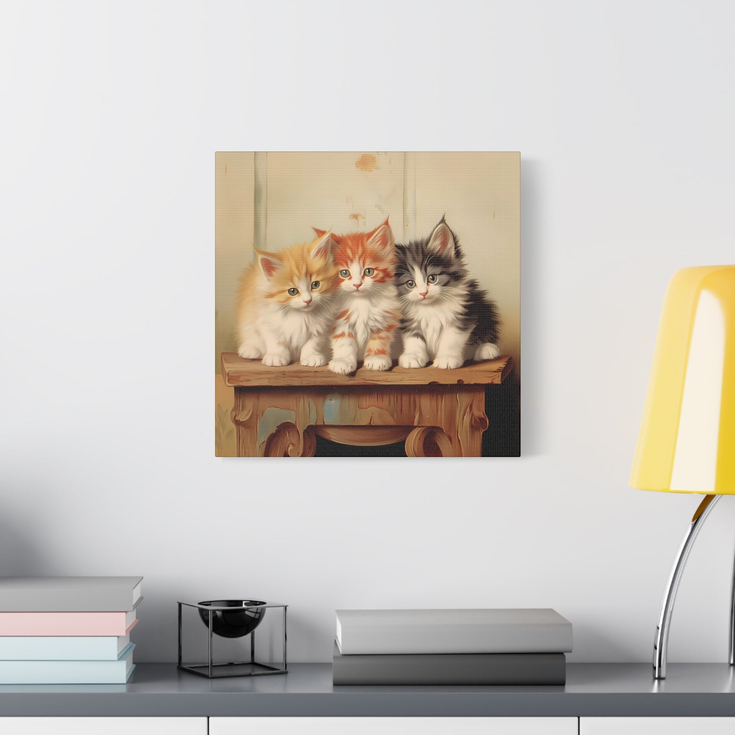 Three Kittens on Painted Table Wall Canvas