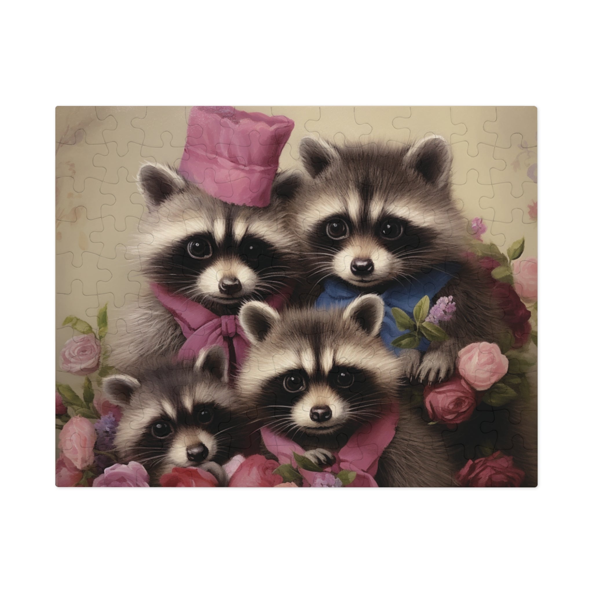 Raccoons Family in Roses - Children's Jigsaw Puzzle (30 or 110 Piece)