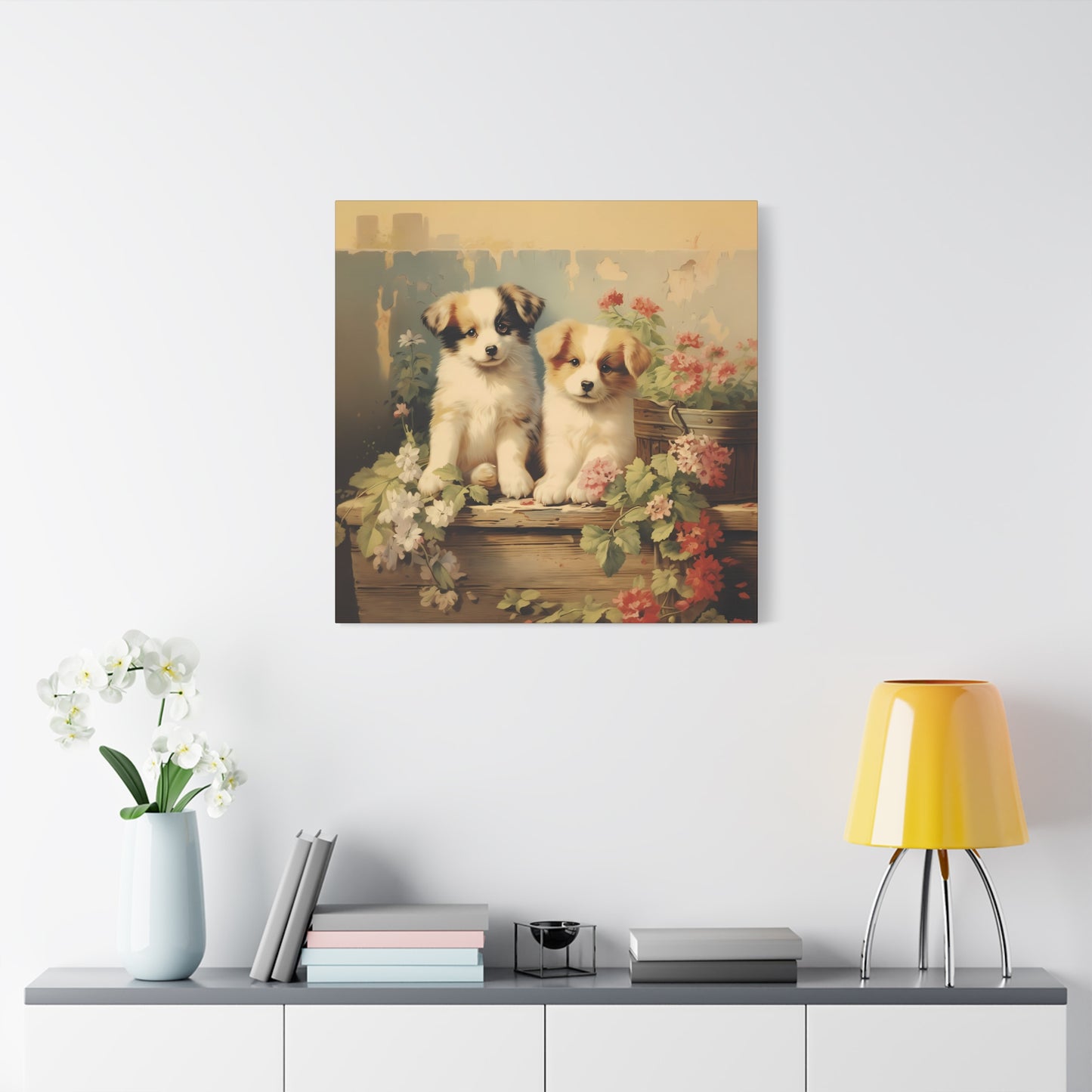 Puppies on Potting Table Wall Canvas