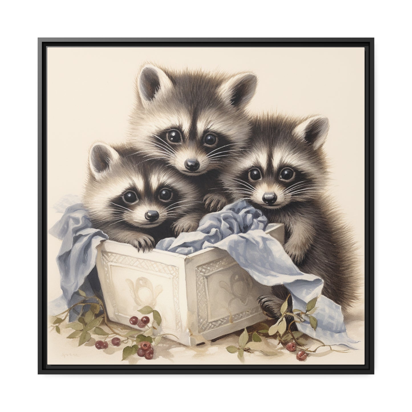 Raccoon Family with Blue Blanket Framed Wall Canvas