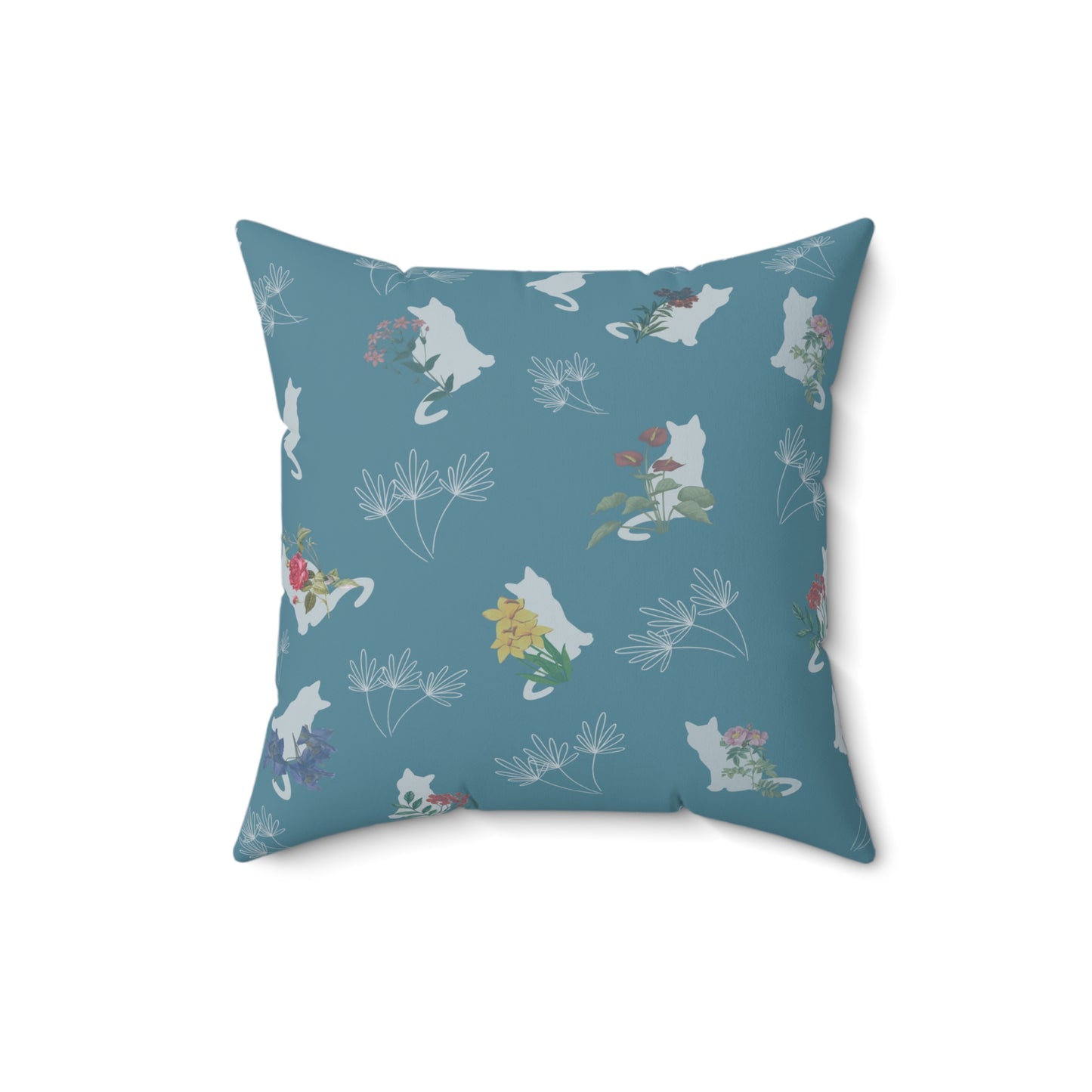 Cat and Flowers/Leafy Whimsy Throw Pillow – Light Blue