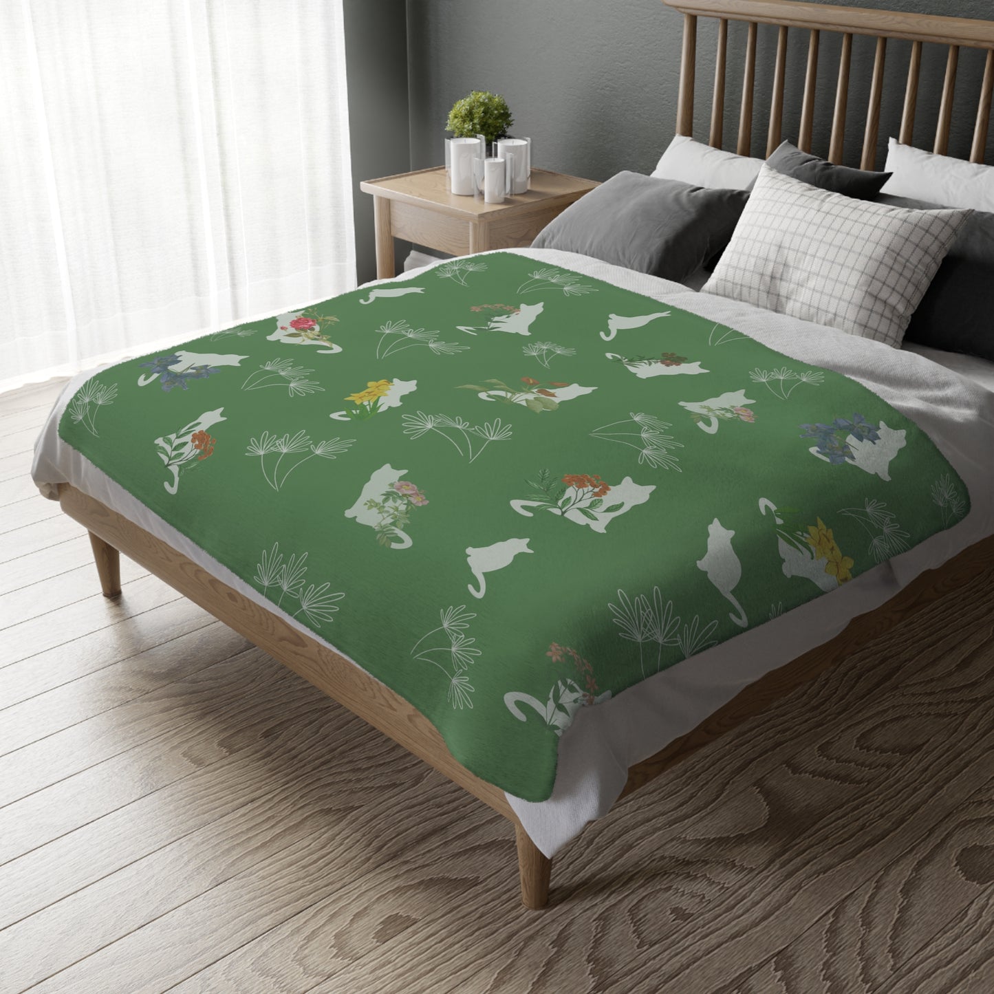 Cats and Flowers/Leafy Whimsy Blanket - Green