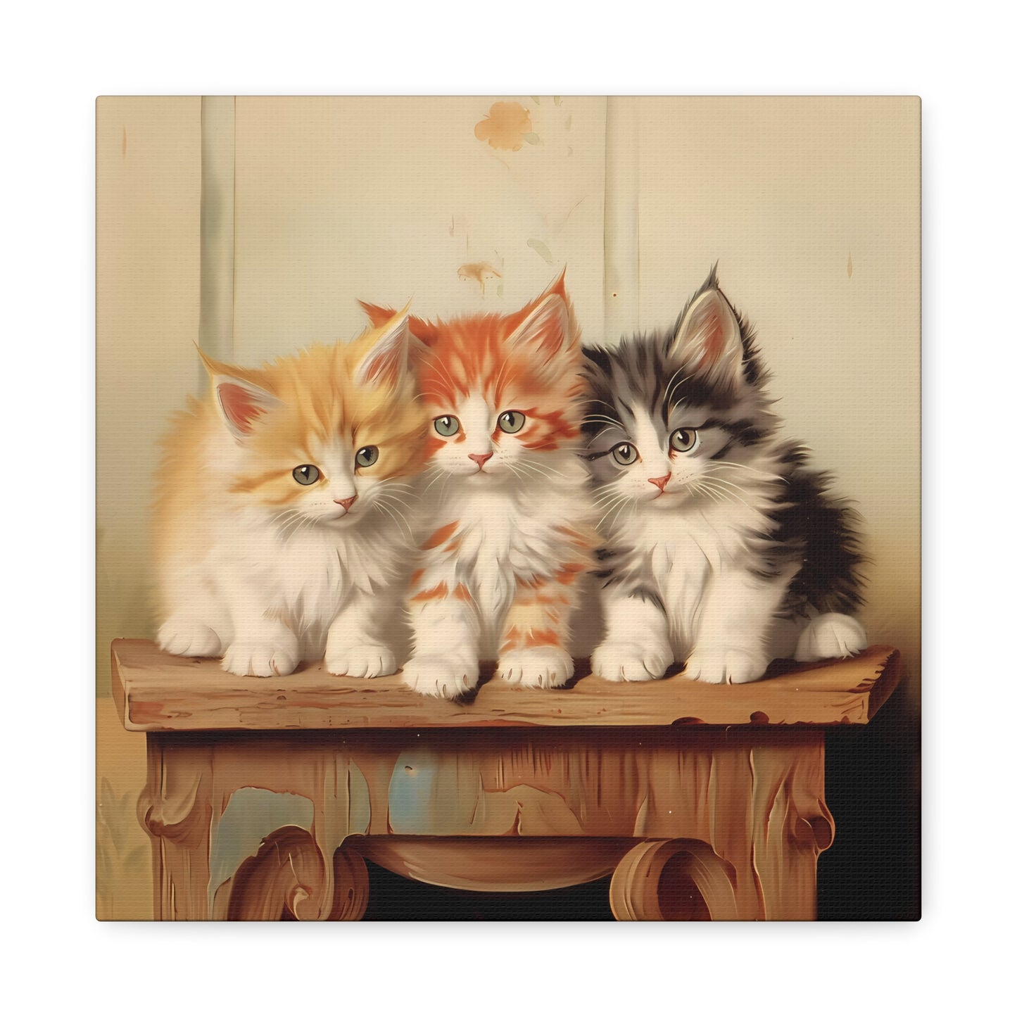 Three Kittens on Painted Table Wall Canvas