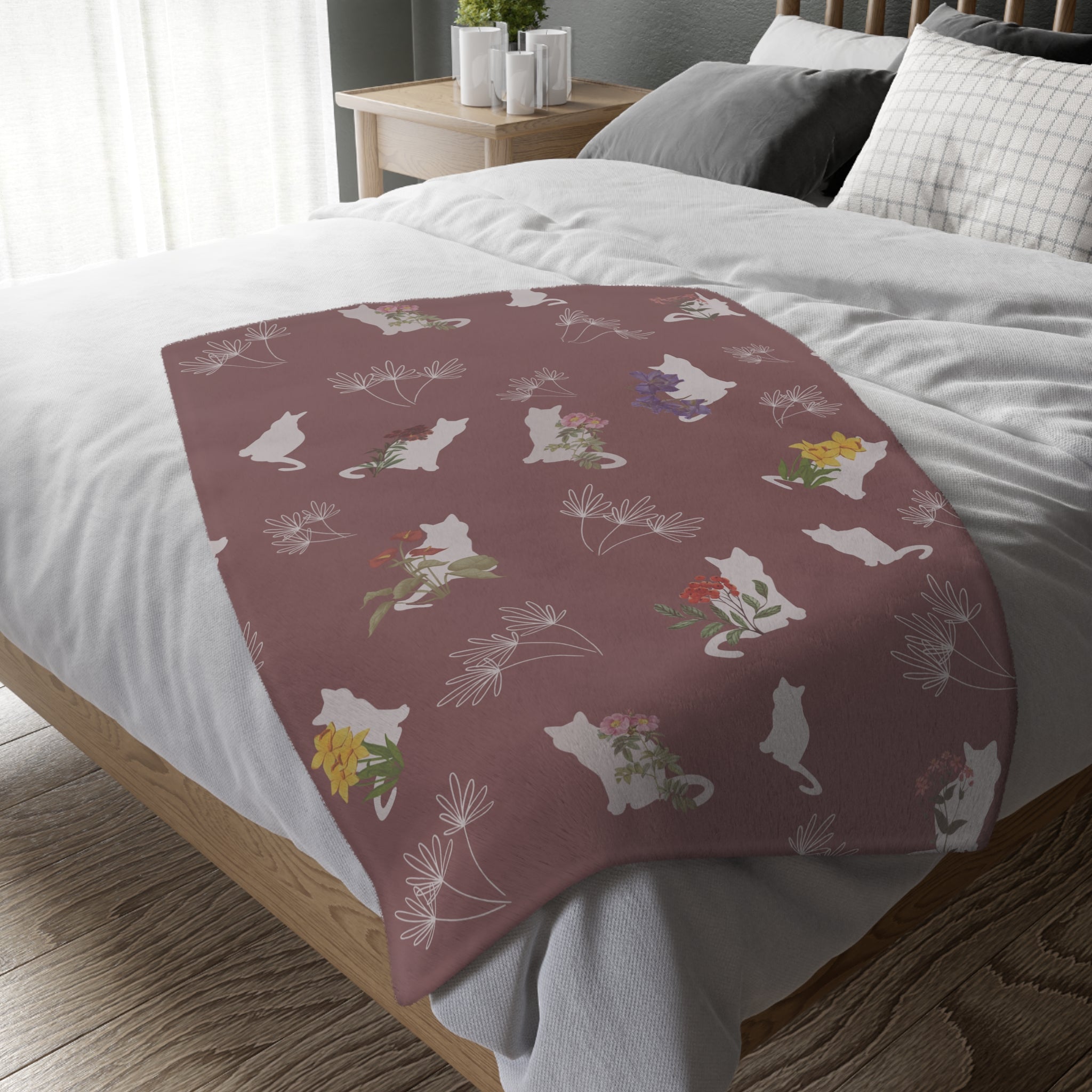 Cats and Flowers/Leafy Whimsy Blanket – Mauve