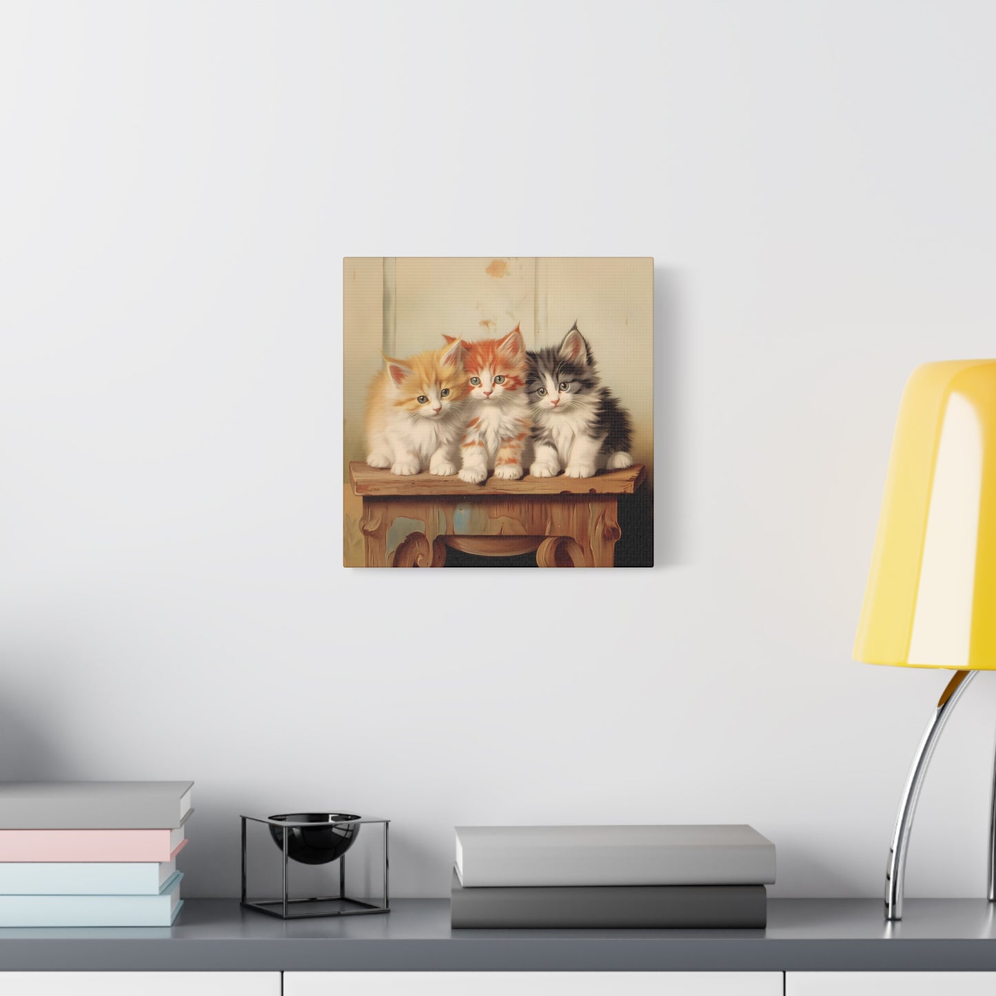 Three Kittens on Painted Table Wall Canvas