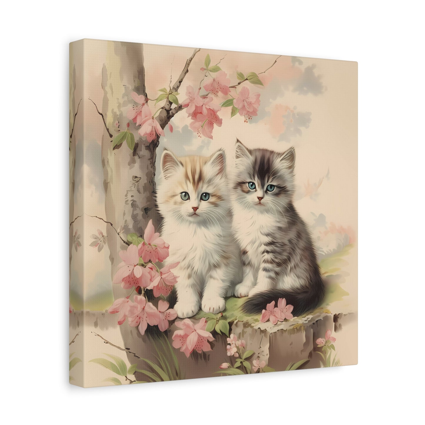 Kittens Under Pink Flowering Tree Wall Canvas