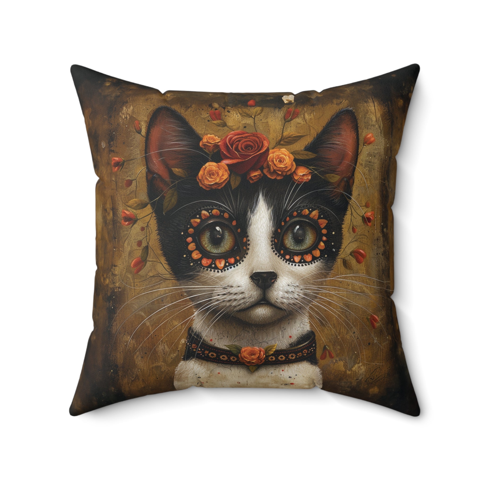 Cat with Red Rose - Day of the Dead - Throw Pillow