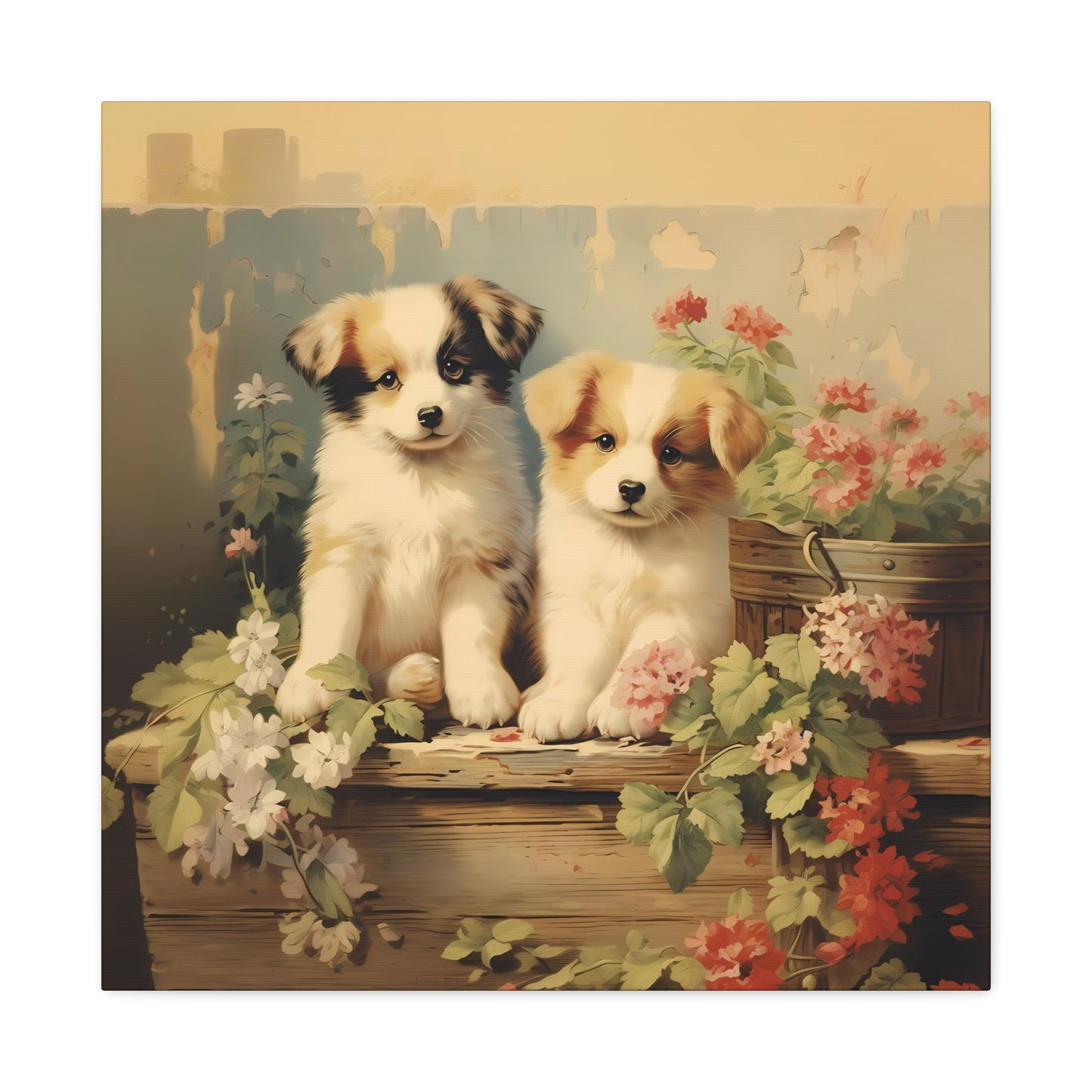 Puppies on Potting Table Wall Canvas