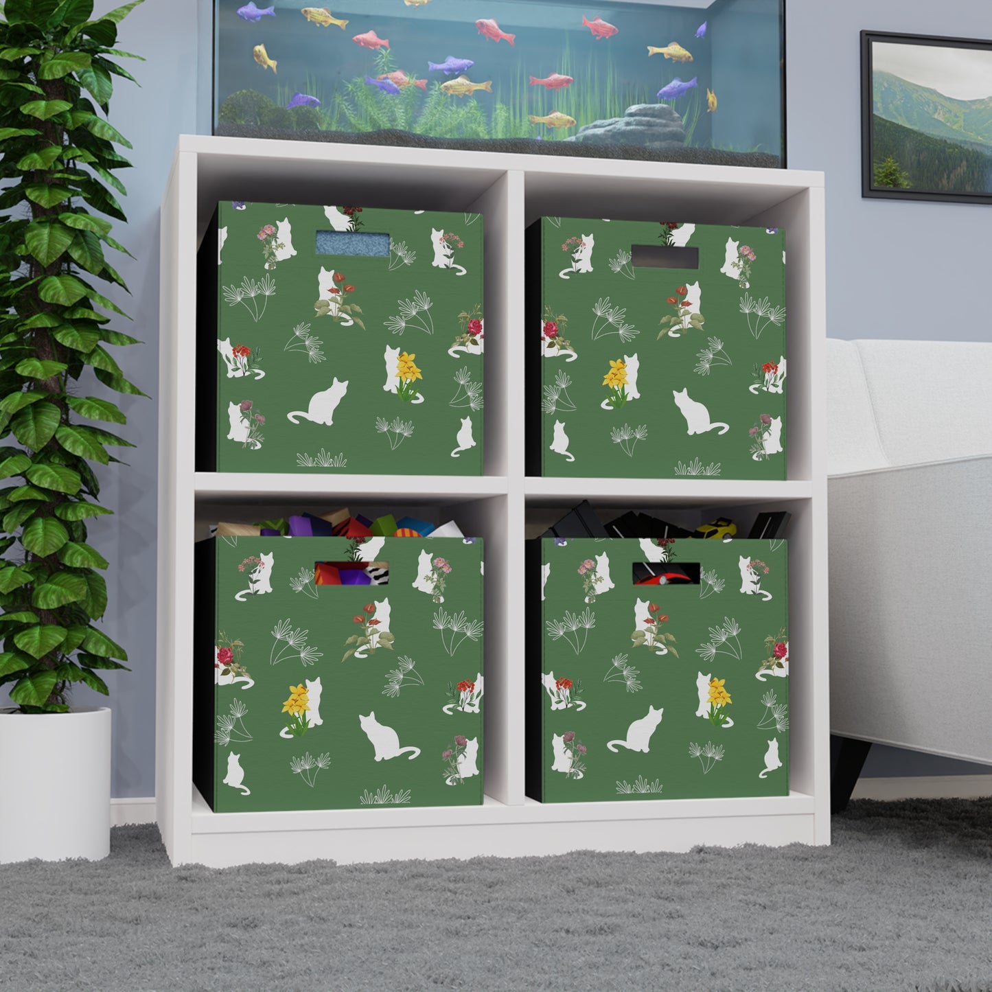 Cat and Flowers/Leafy Whimsy Storage Cube – Green