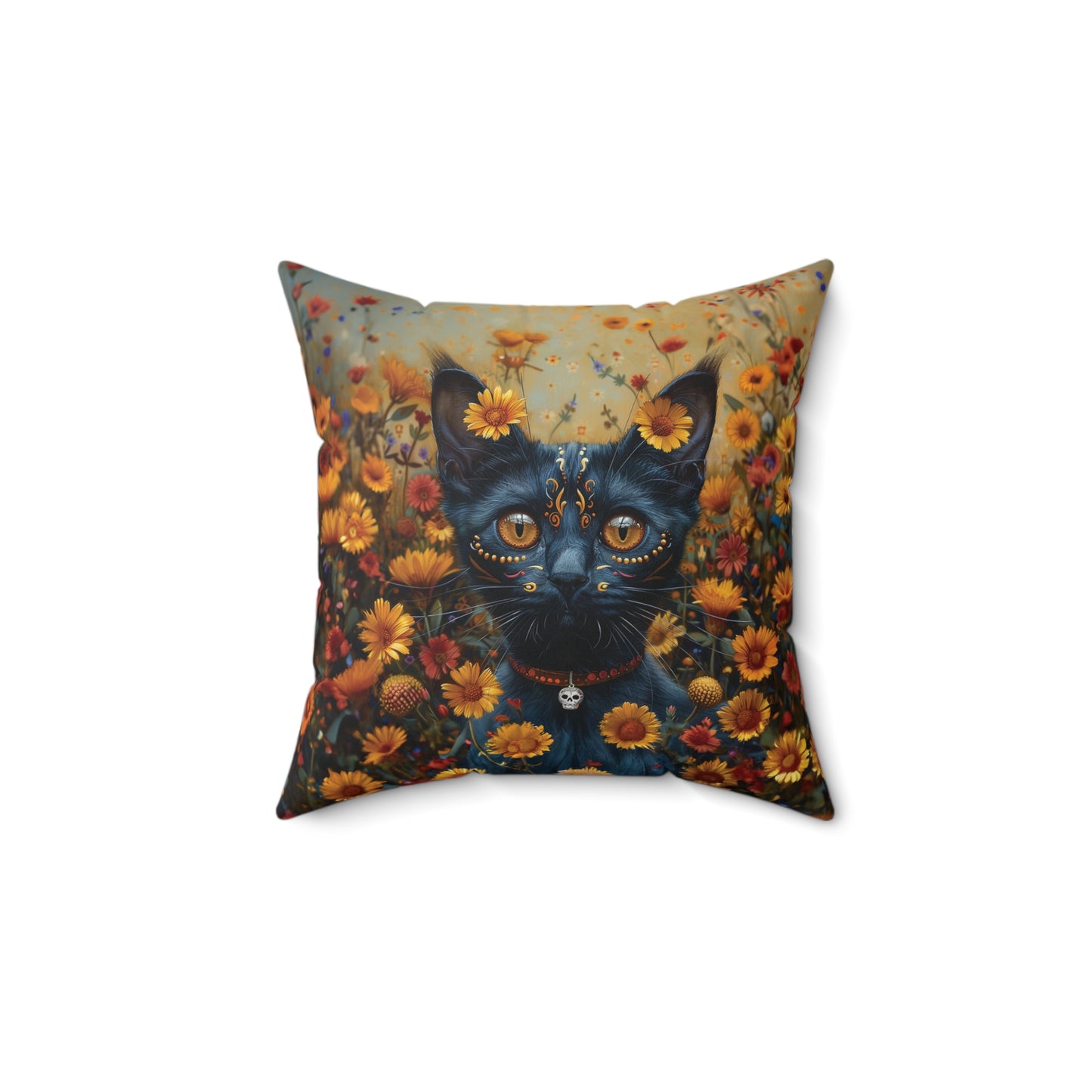 Cat in Yellow Daisies - Day of the Dead - Throw Pillow