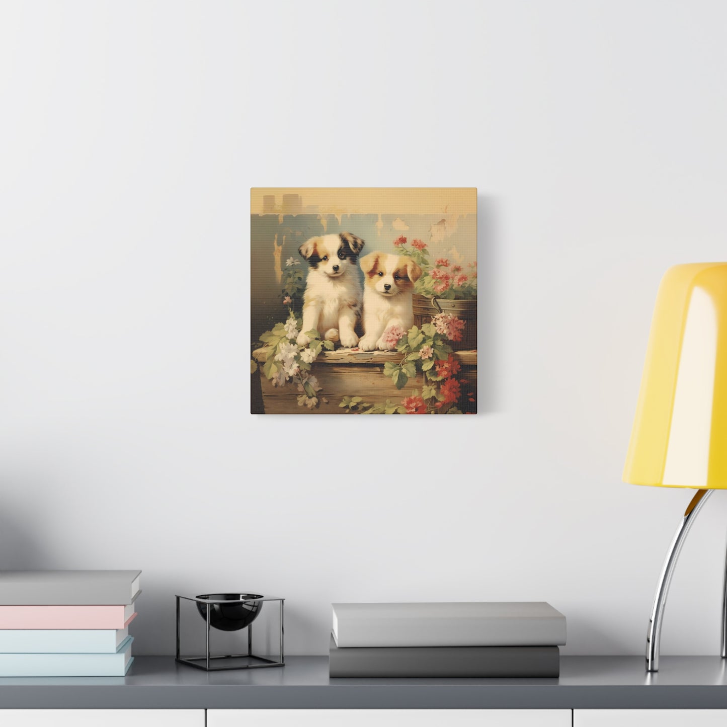 Puppies on Potting Table Wall Canvas