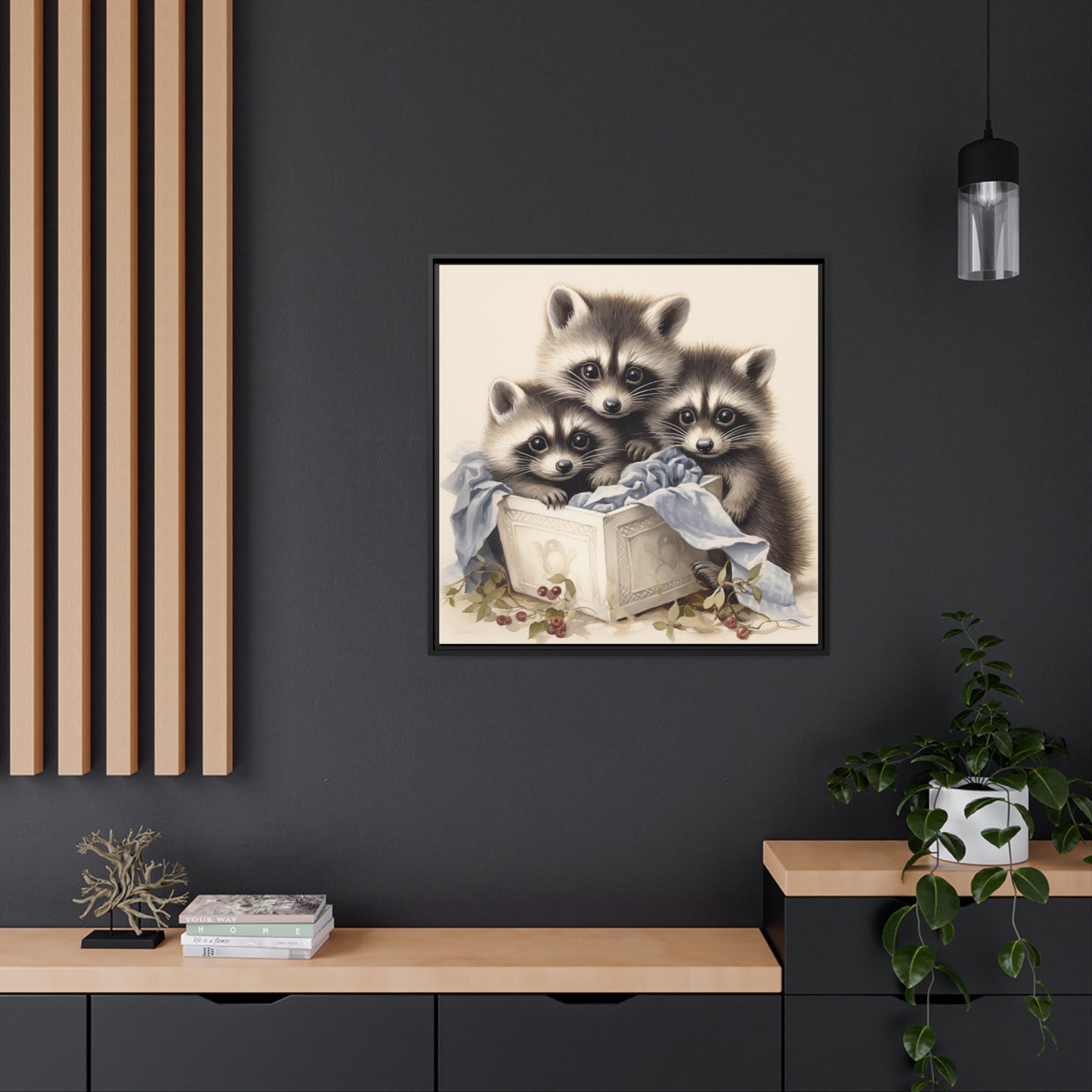 Raccoon Family with Blue Blanket Framed Wall Canvas