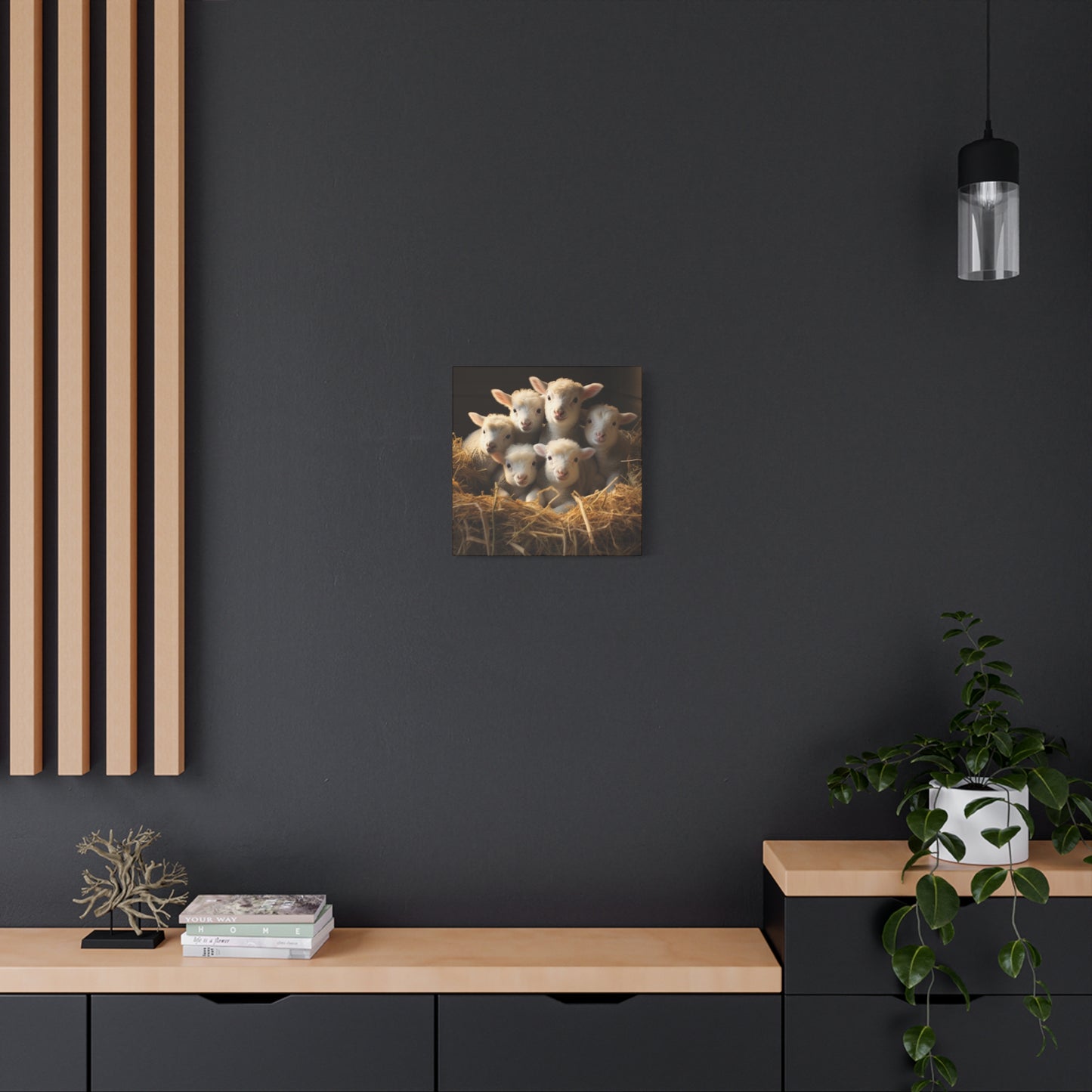 Lamb Family in Straw Wall Canvas