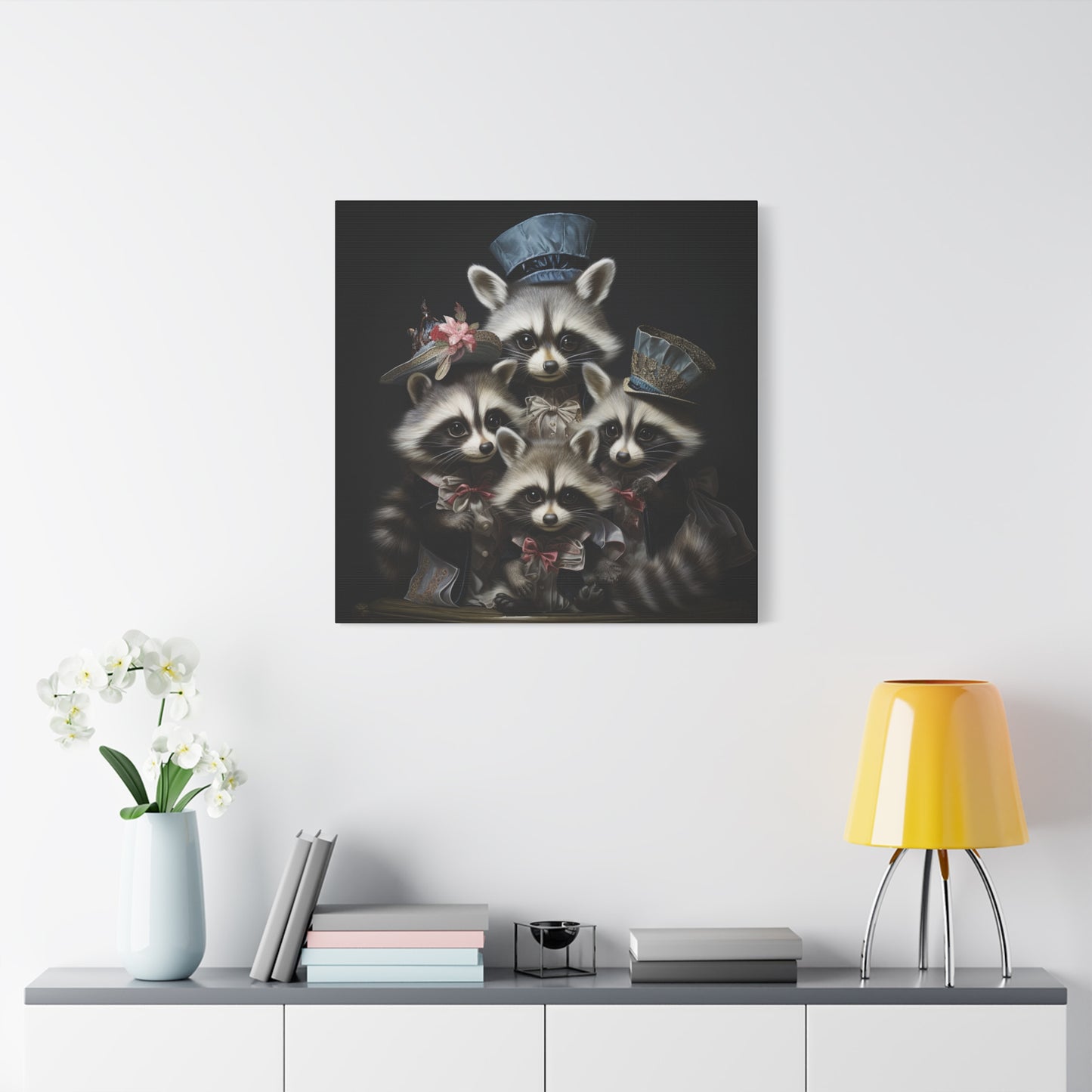 Raccoon Family in Blue Hats Wall Canvas