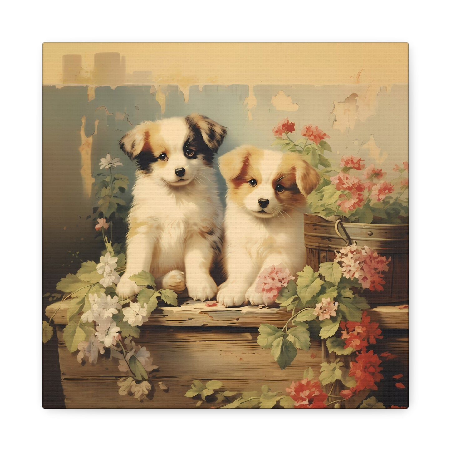 Puppies on Potting Table Wall Canvas