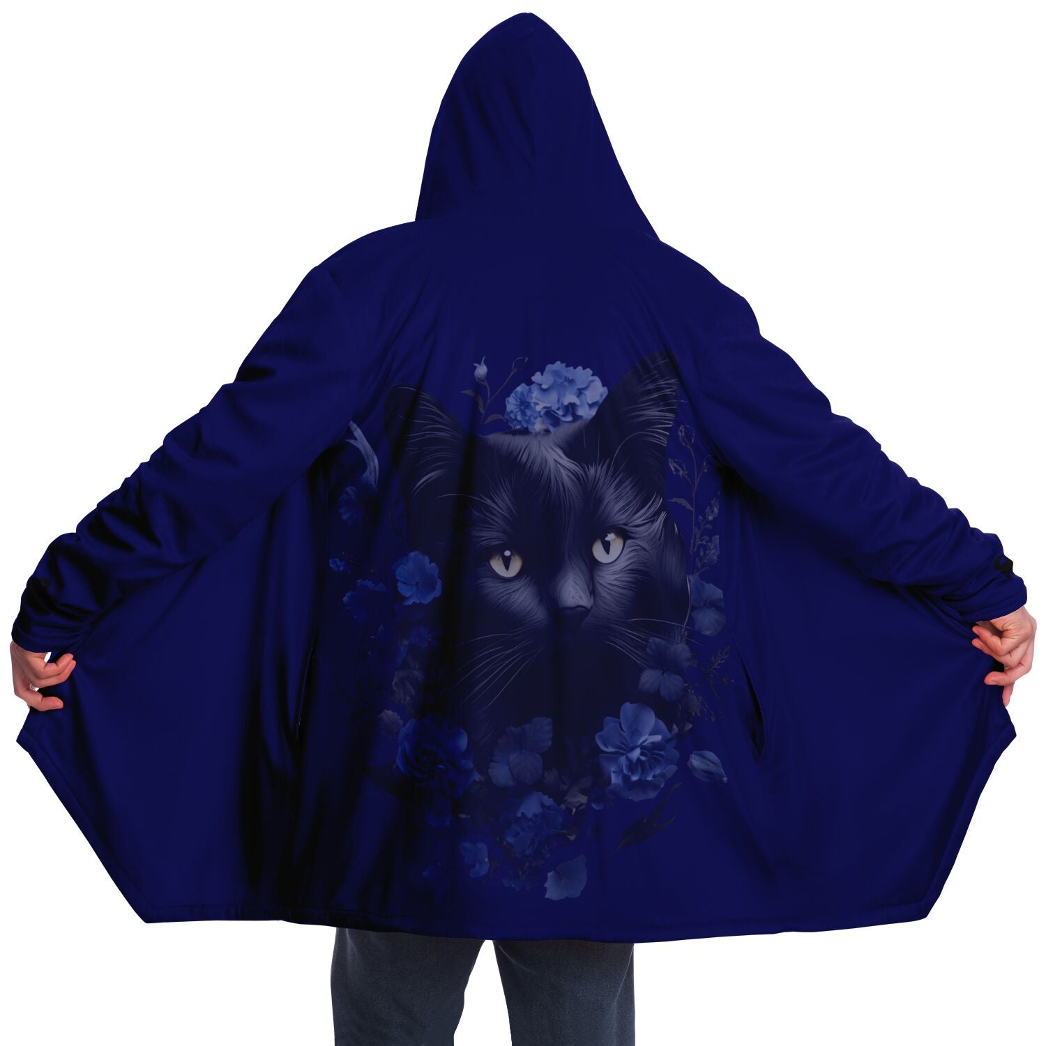 Cat and Blue Blooms - Fleece Lined Cloak