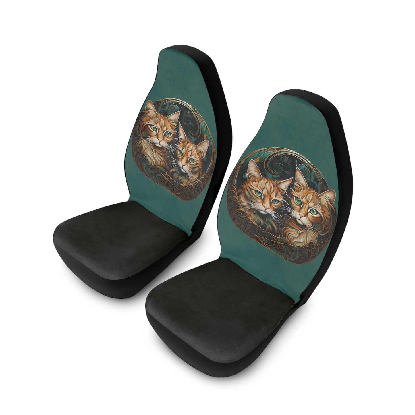 Gold and Green Cat Harmony Car Seat Covers - Green