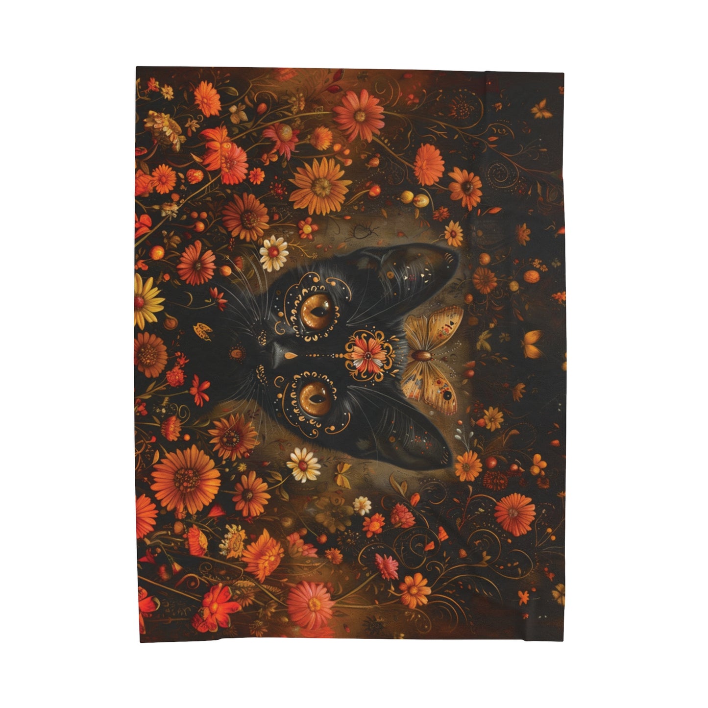 Cat in Orange Wildflowers - Day of the Dead - Throw Blanket