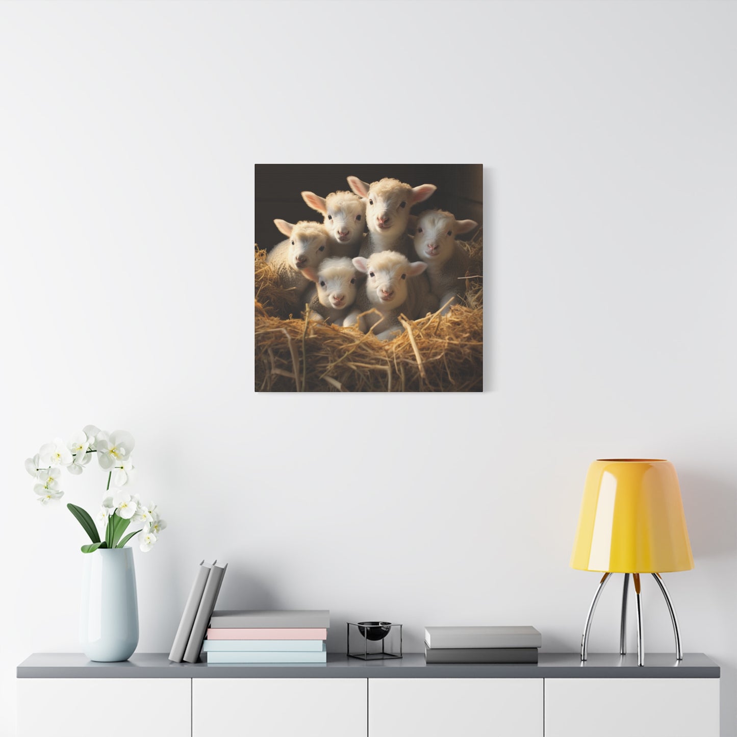 Lamb Family in Straw Wall Canvas