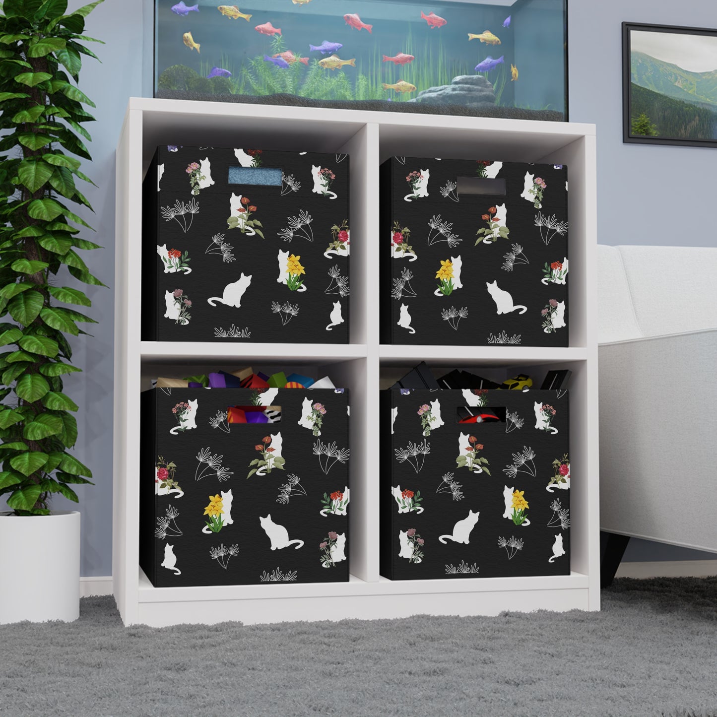 Cat and Flowers/Leafy Whimsy Storage Cube – Black