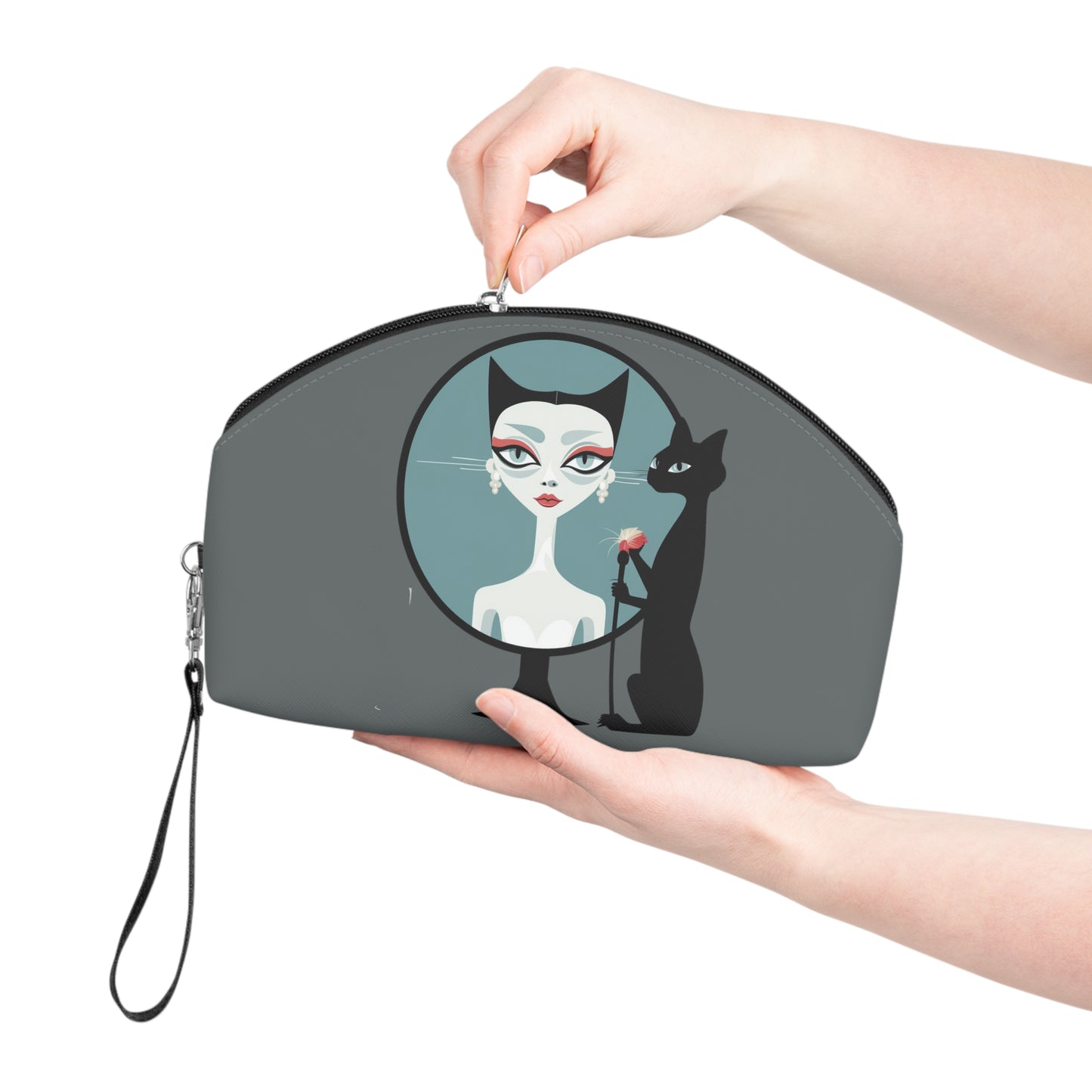 Sophisticated Cat Makeup Bag – Black Cat and Lovely Lady on grey