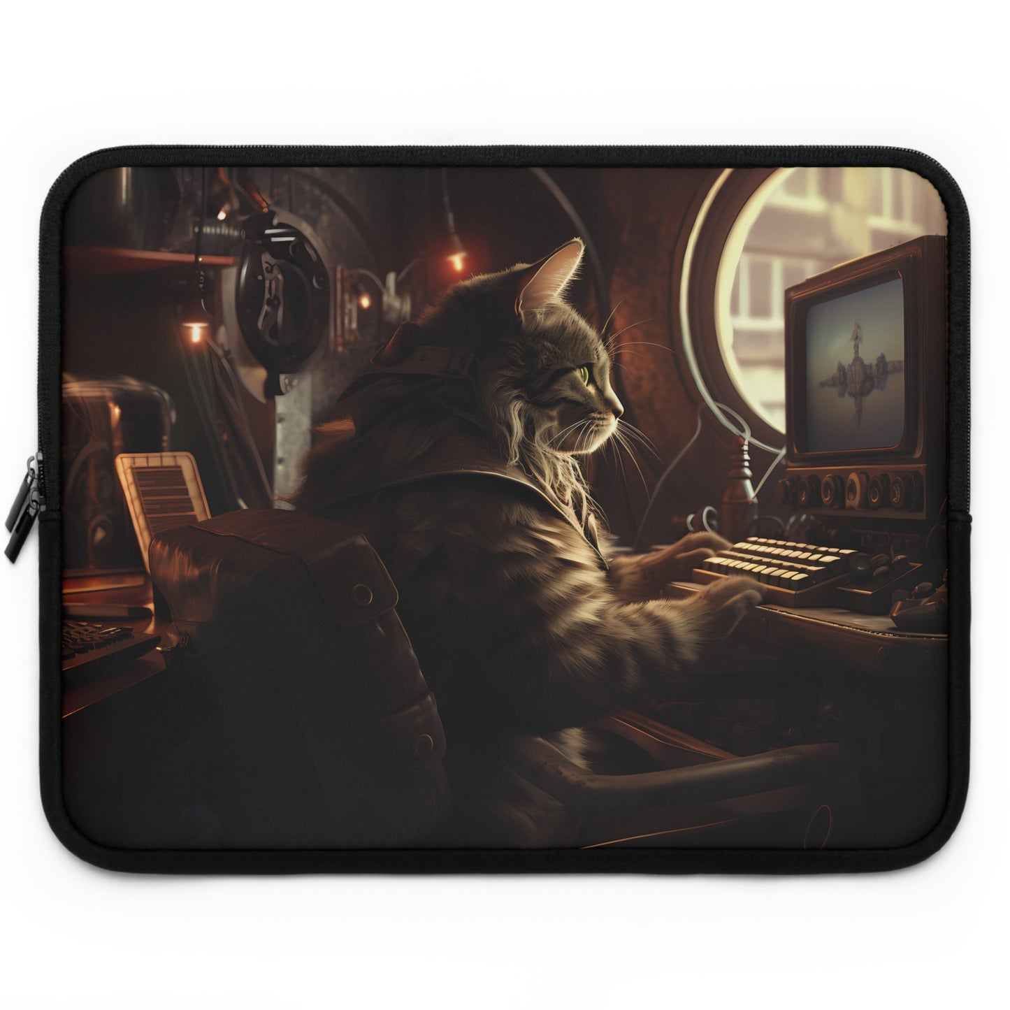 Dieselpunk Cat at a Computer Laptop Sleeve