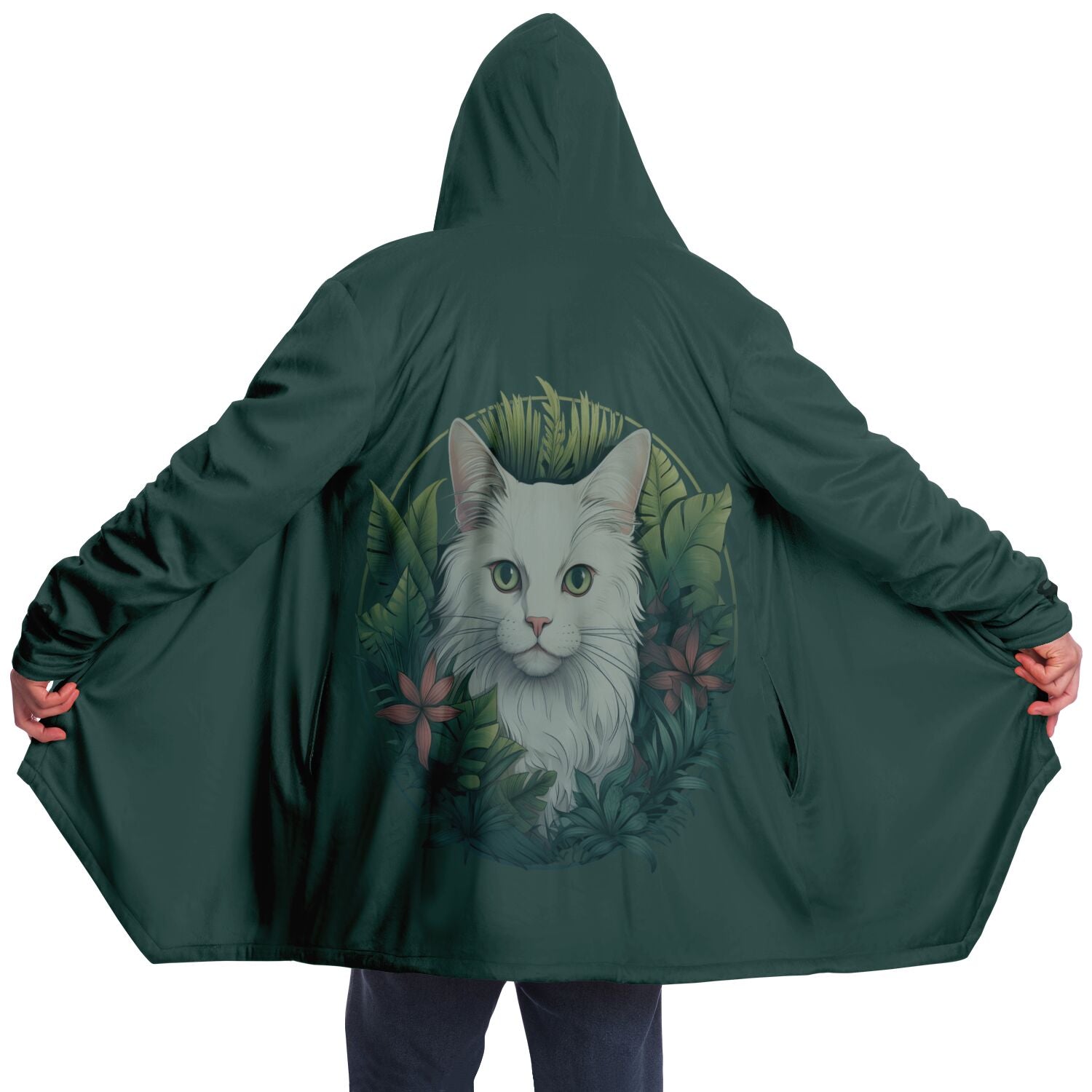 White Cat and Pink Flowers on Forest Green - Fleece Lined Cloak