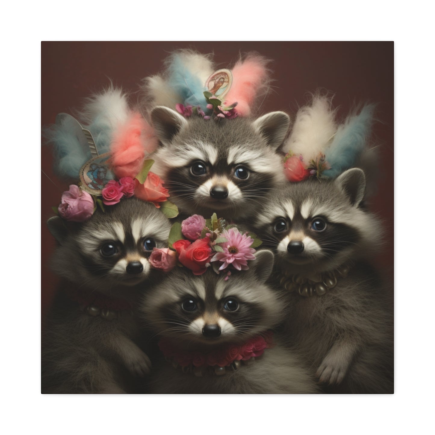 Raccoon Family with Colorful Plumes Wall Canvas